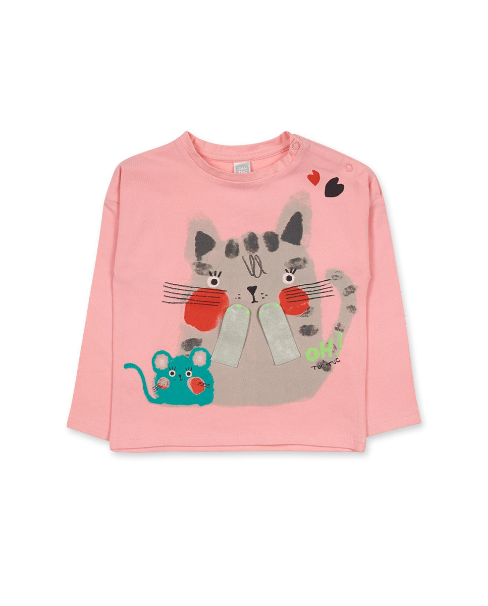Camiseta punto rosa de niña Cattitude