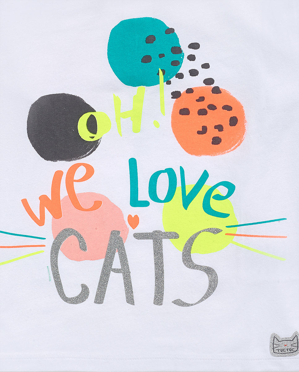 Camiseta punto blanco de niña Cattitude