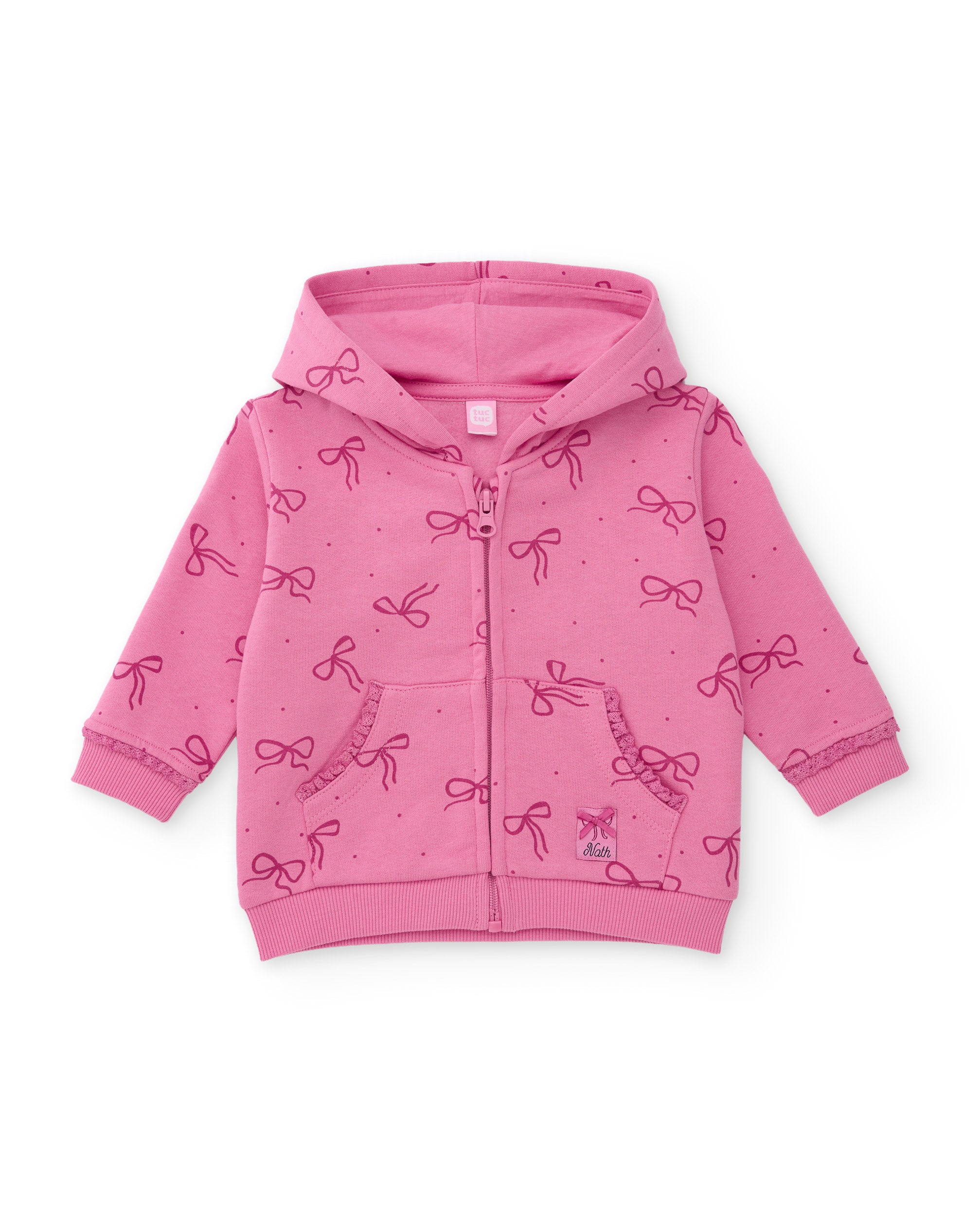 Sudadera de niña de felpa con capucha y cremallera y diseño de lazos