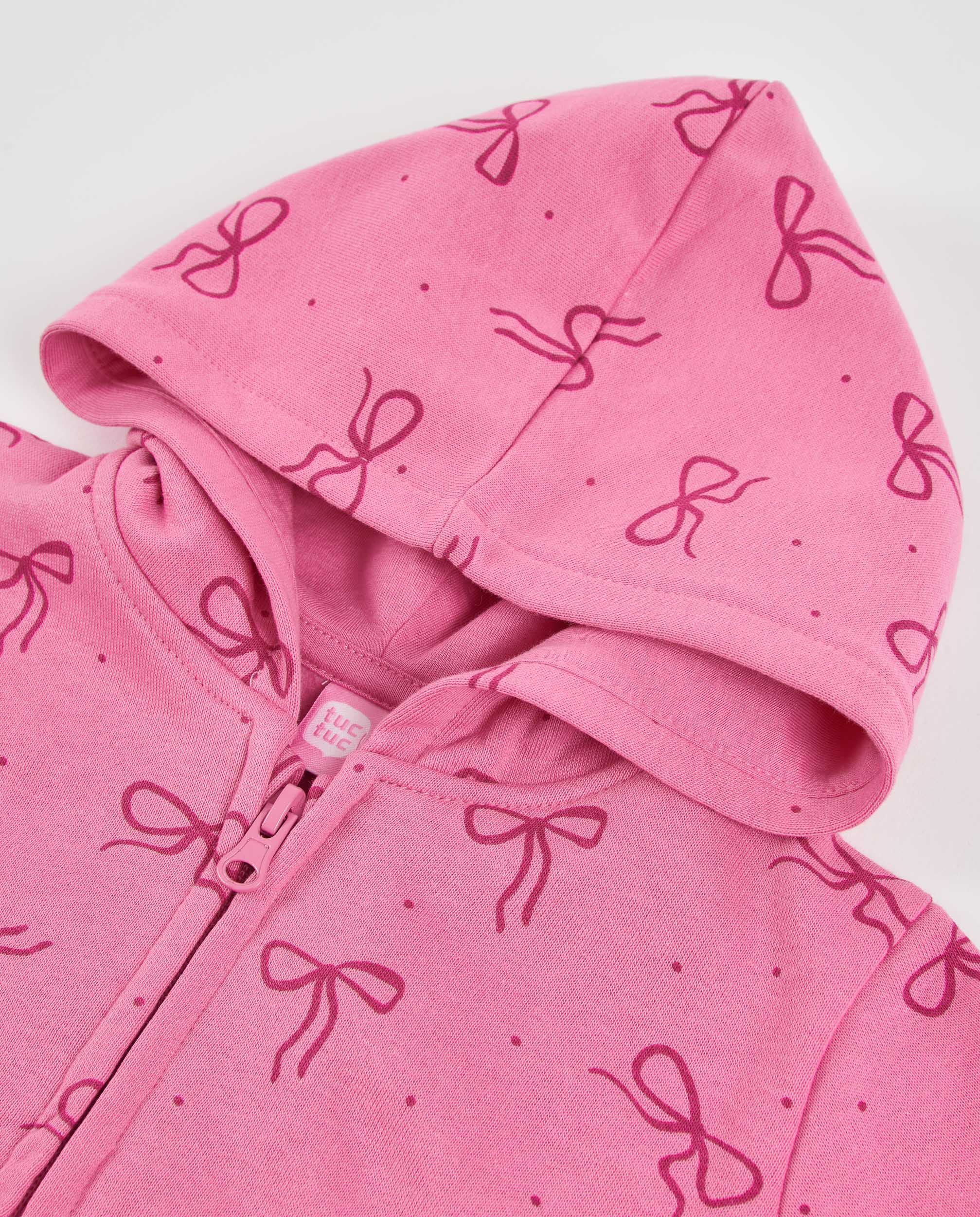 Sudadera de niña de felpa con capucha y cremallera y diseño de lazos
