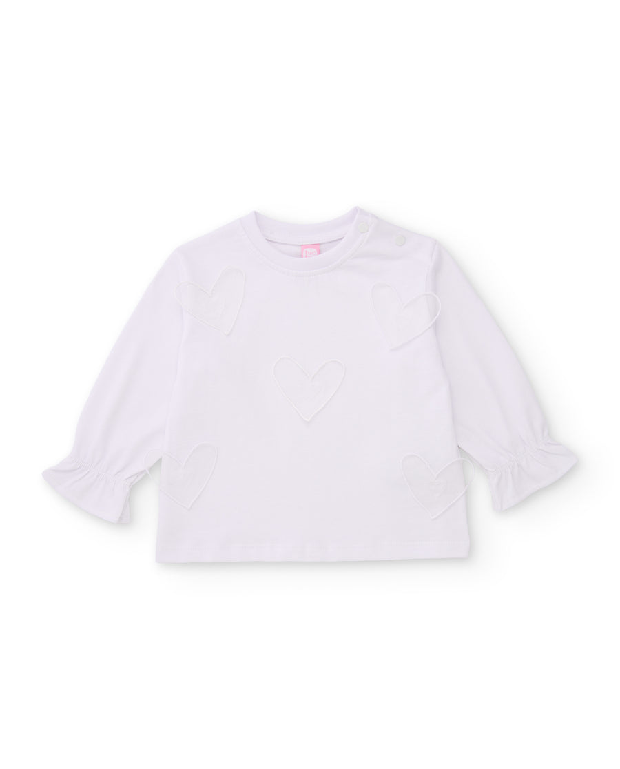 Camiseta de niña de punto con corazones bordados y manga larga