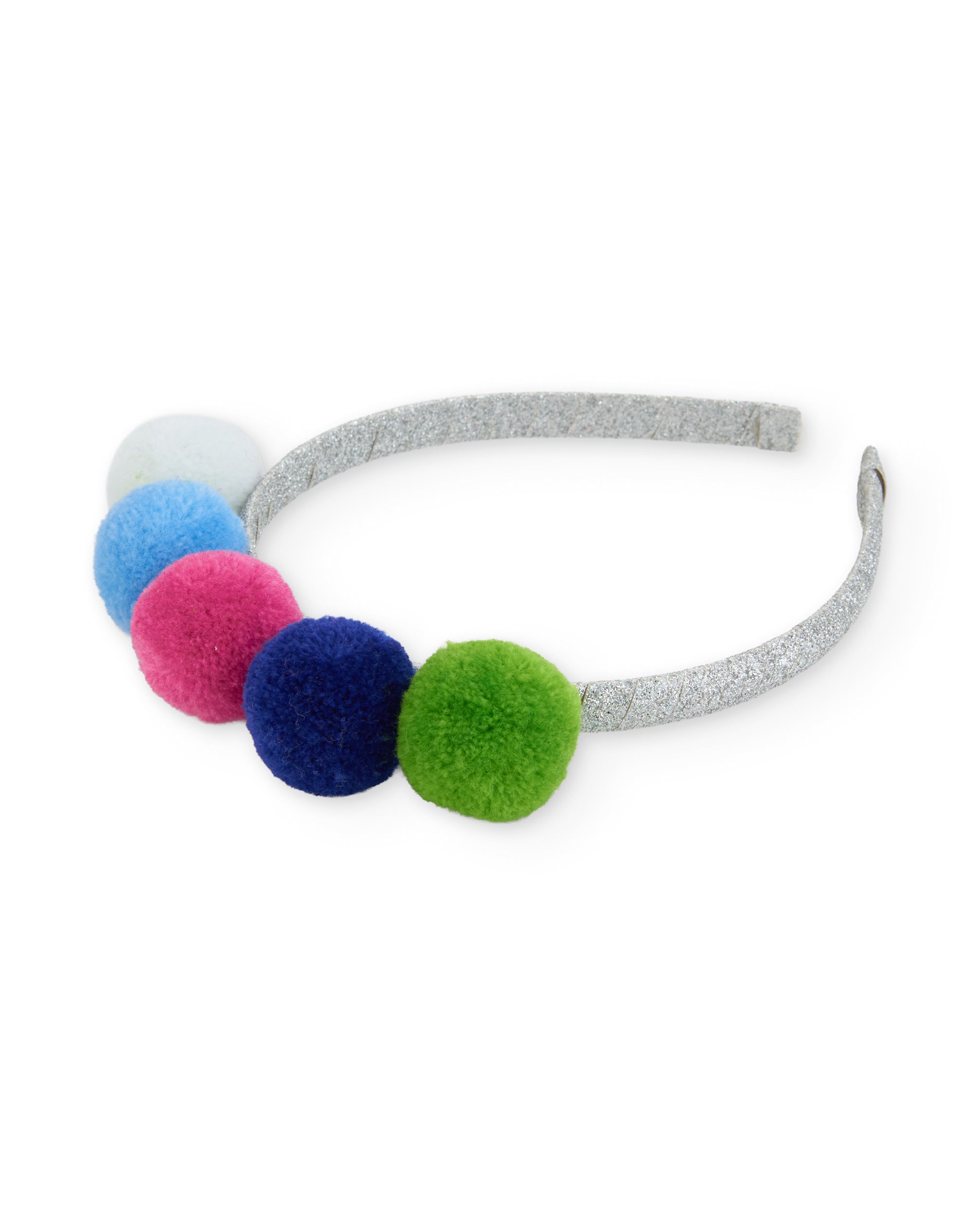 Diadema de niña con pompones de colores y detalles de brillo