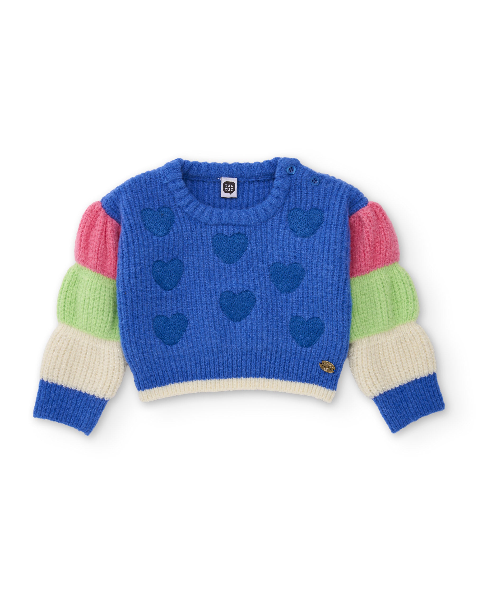 Jersey de niña de tricot con corazones y mangas bicolor