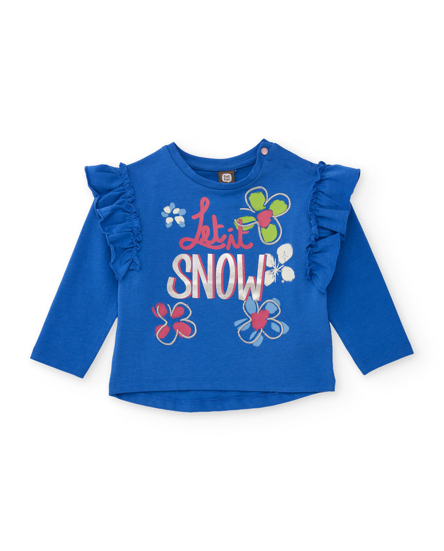 Knitted girls' T-shirt with a frill and floral print