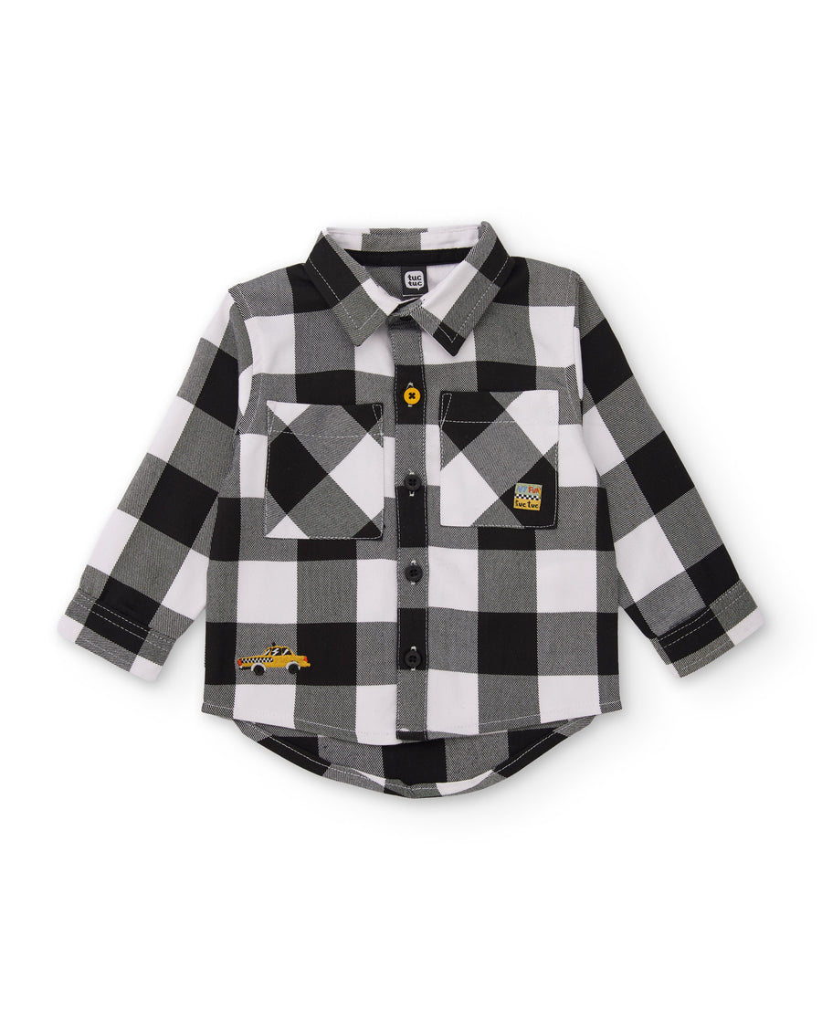 Boys' plain-weave shirt with a checked design and embroidered pocket