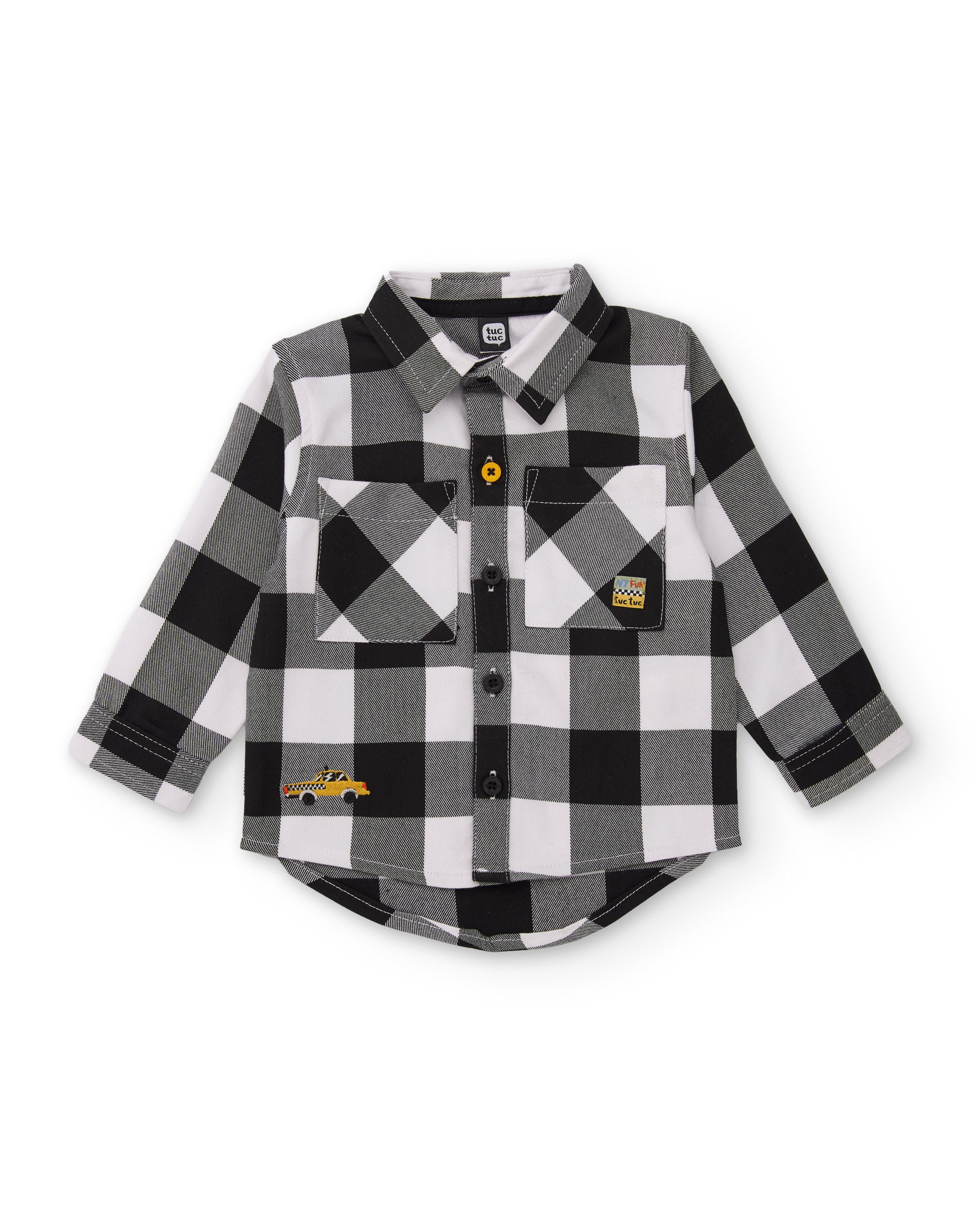 Camisa de niño de tela plana con diseño de cuadros y bolsillo bordado