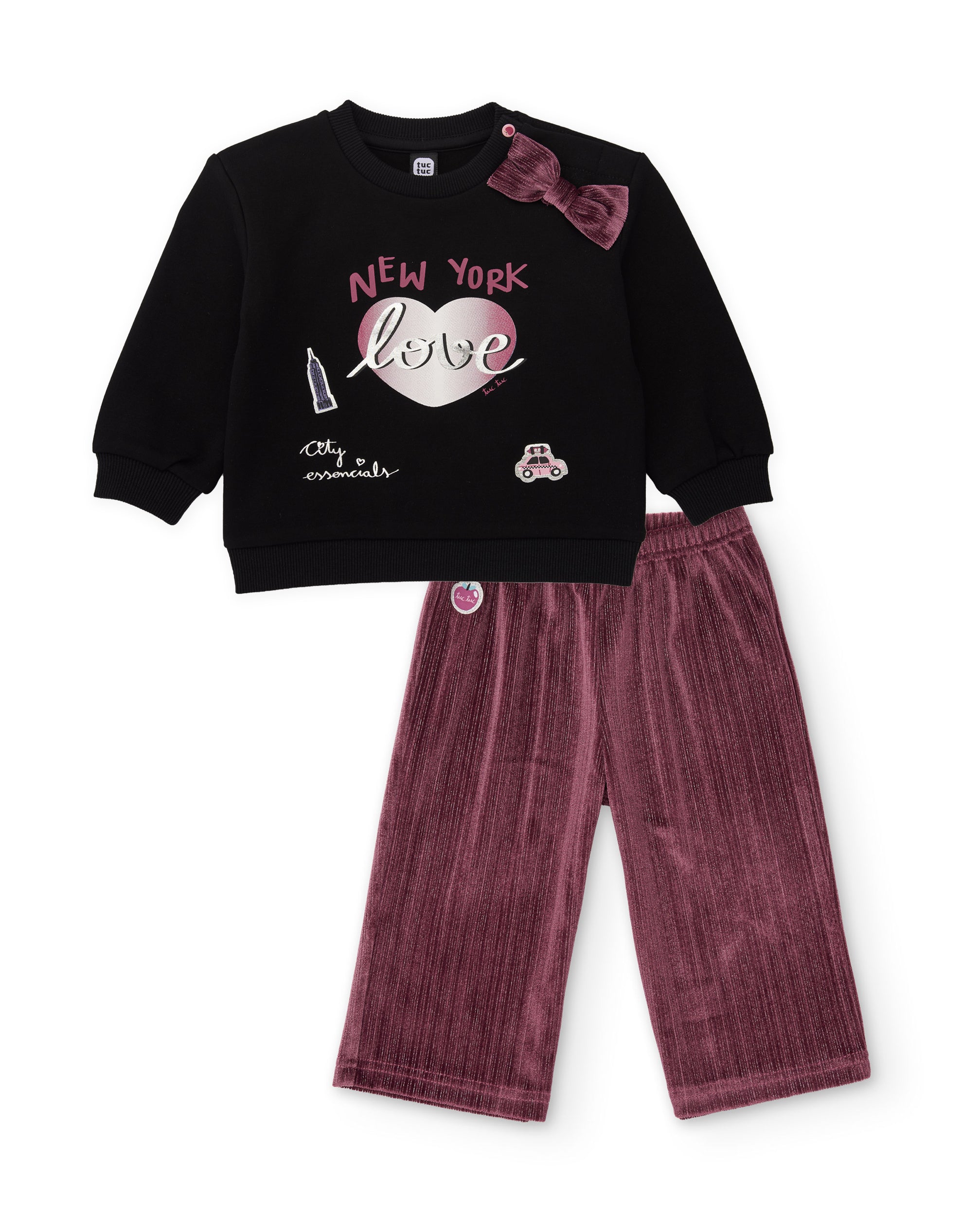 Conjunto de niña de felpa con sudadera estampada y detalle de lazo