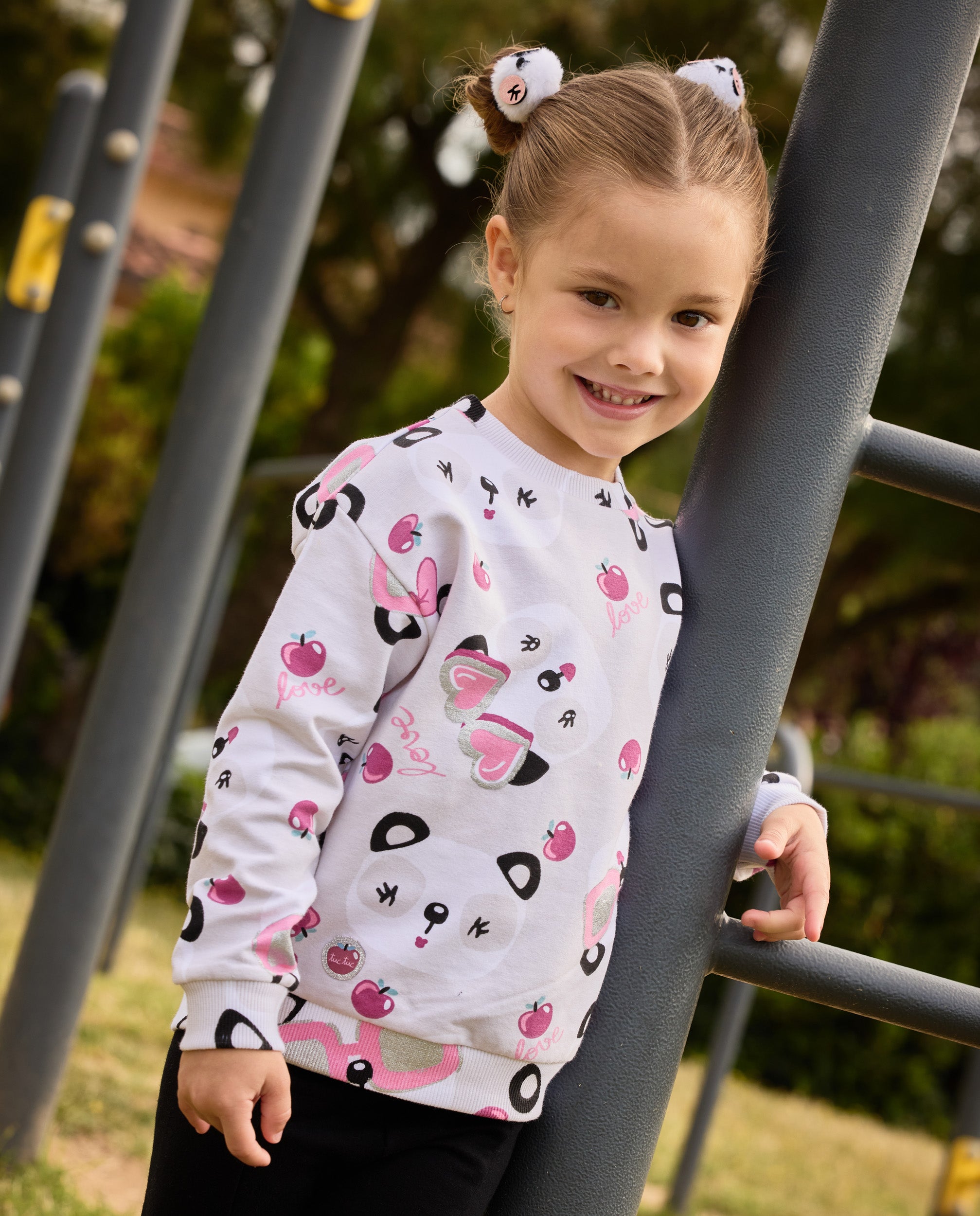 Conjunto de niña de felpa con sudadera de pandas y leggings con lazo