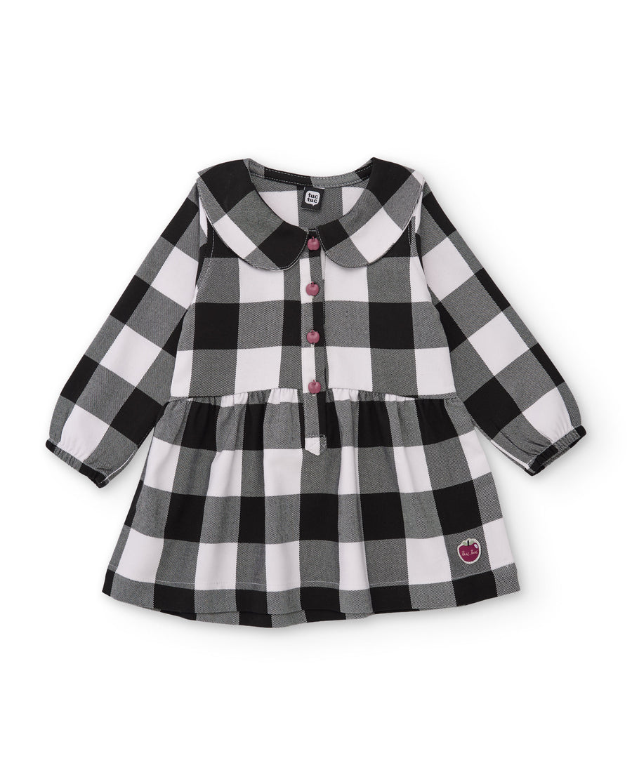 Girls' woven dress with checked design and Peter Pan collar