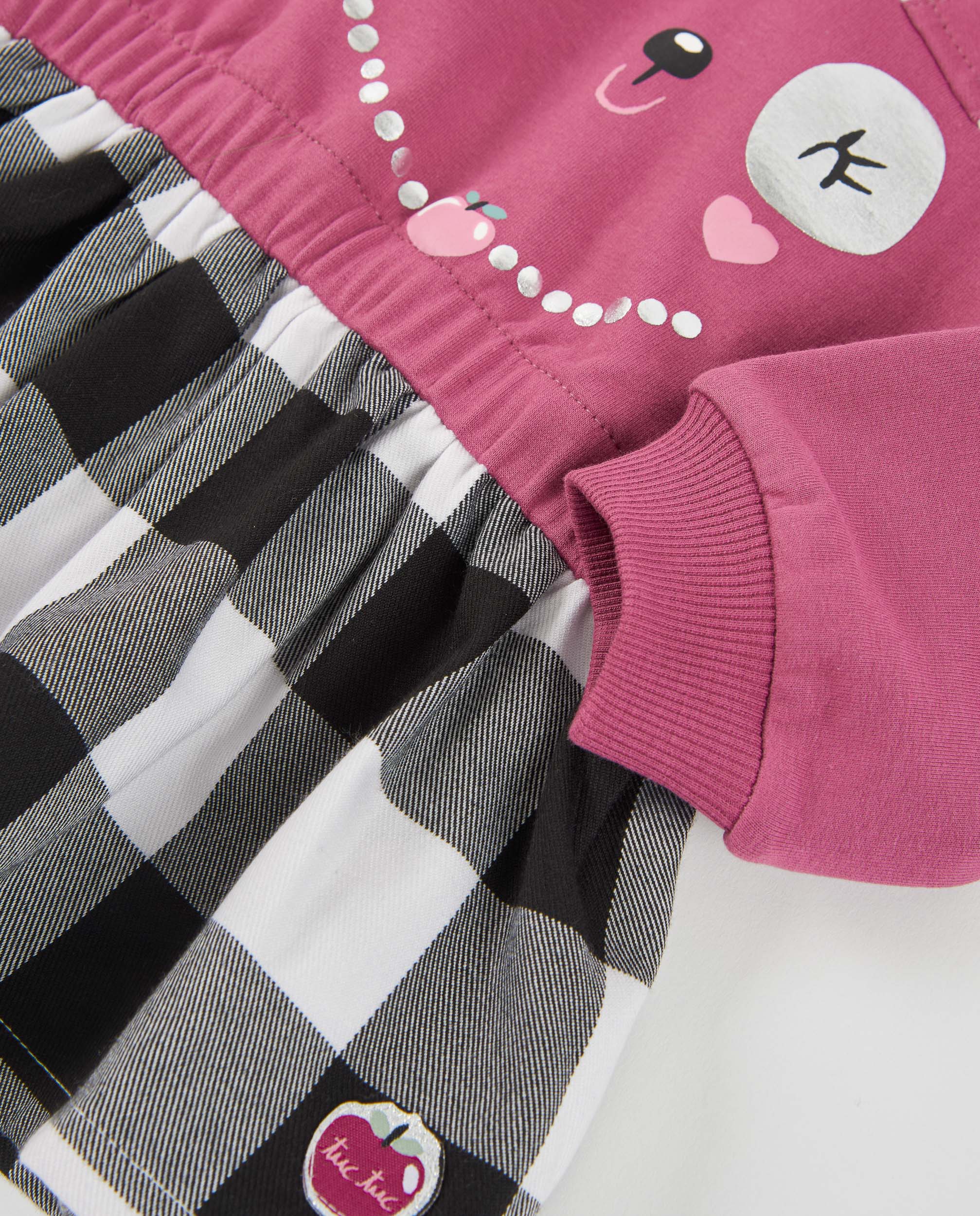 Vestido de niña con cuerpo de algodón estampado y falda de cuadros