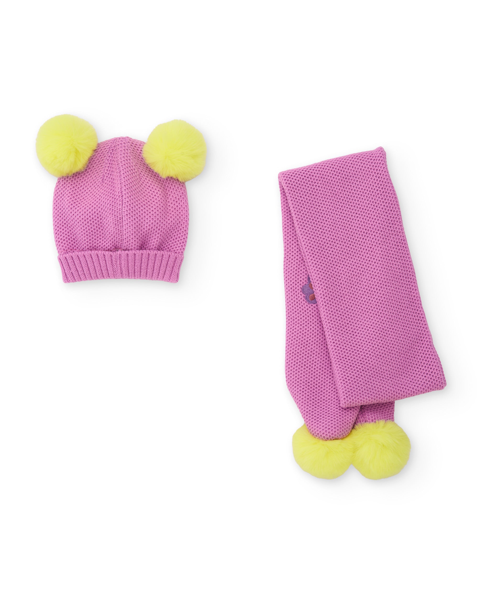 Set de niña de tricot con gorro y bufanda de mariposas