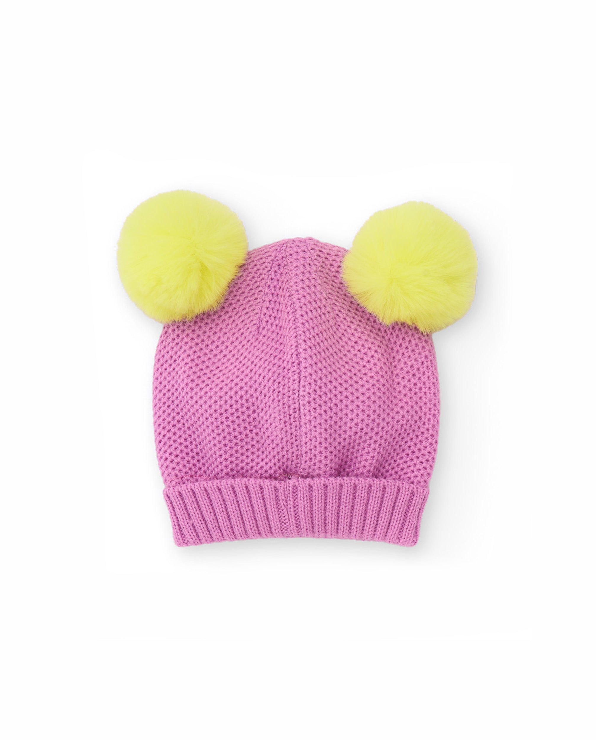 Gorro de niña de tricot con pompones y detalle de mariposa