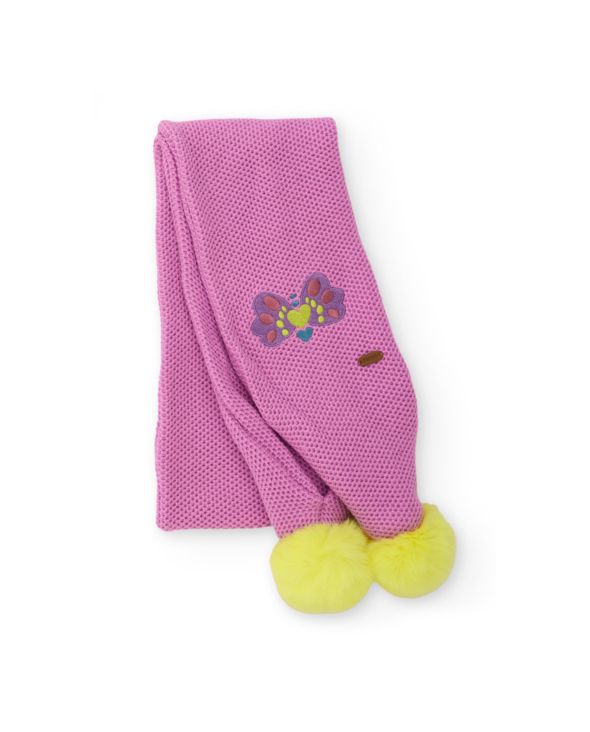 Bufanda de niña de tricot con pompones y aplique decorativo
