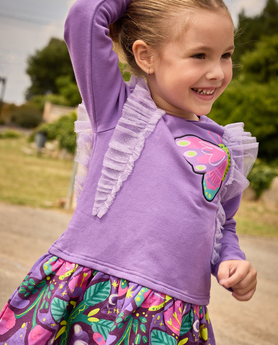Girls' fleece dress with ruffles and floral print
