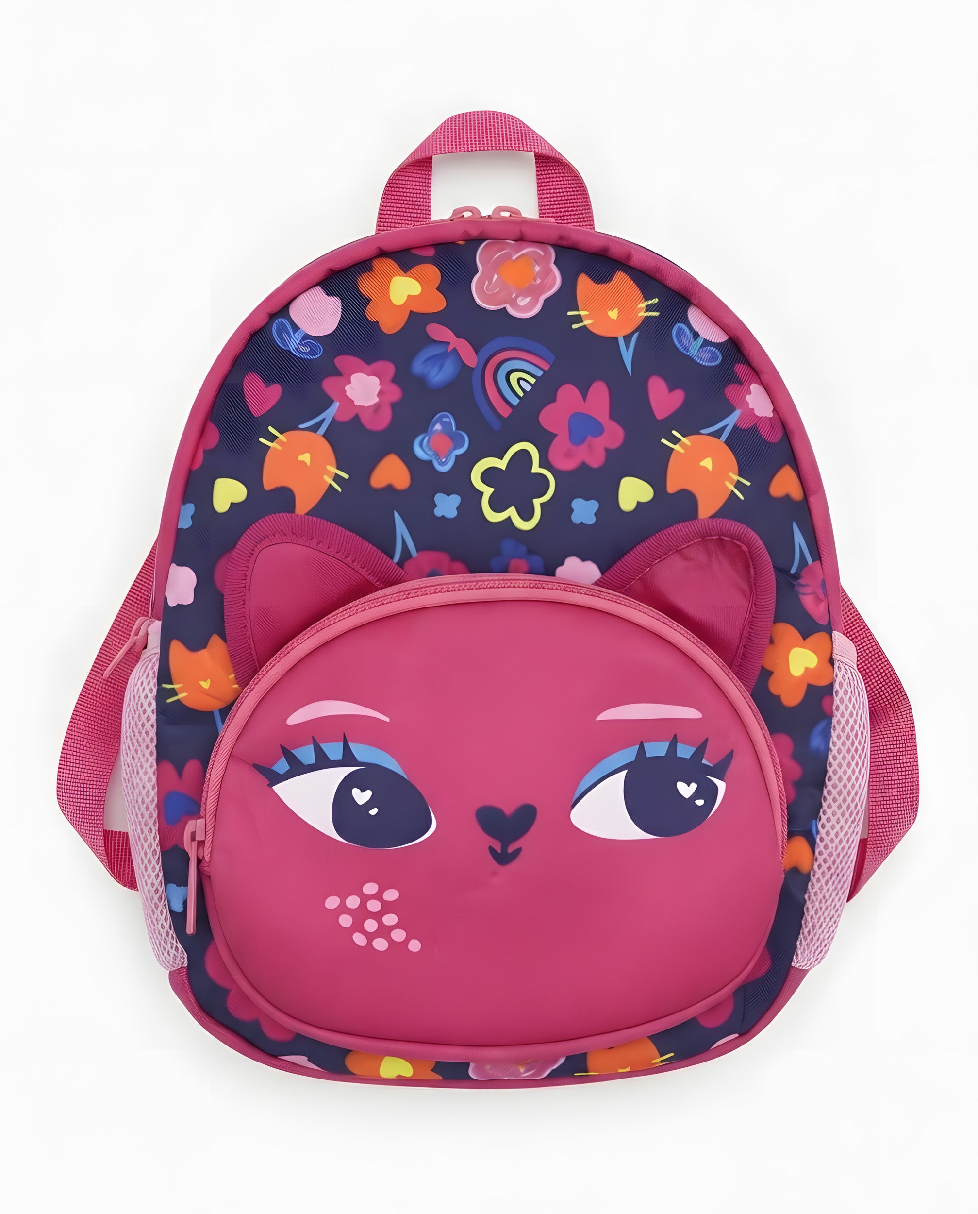 Mochila de niña con estampado floral y diseño de gato