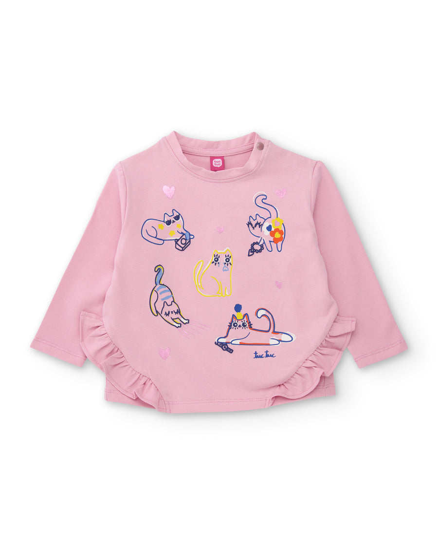 Girls' knit top with cat print