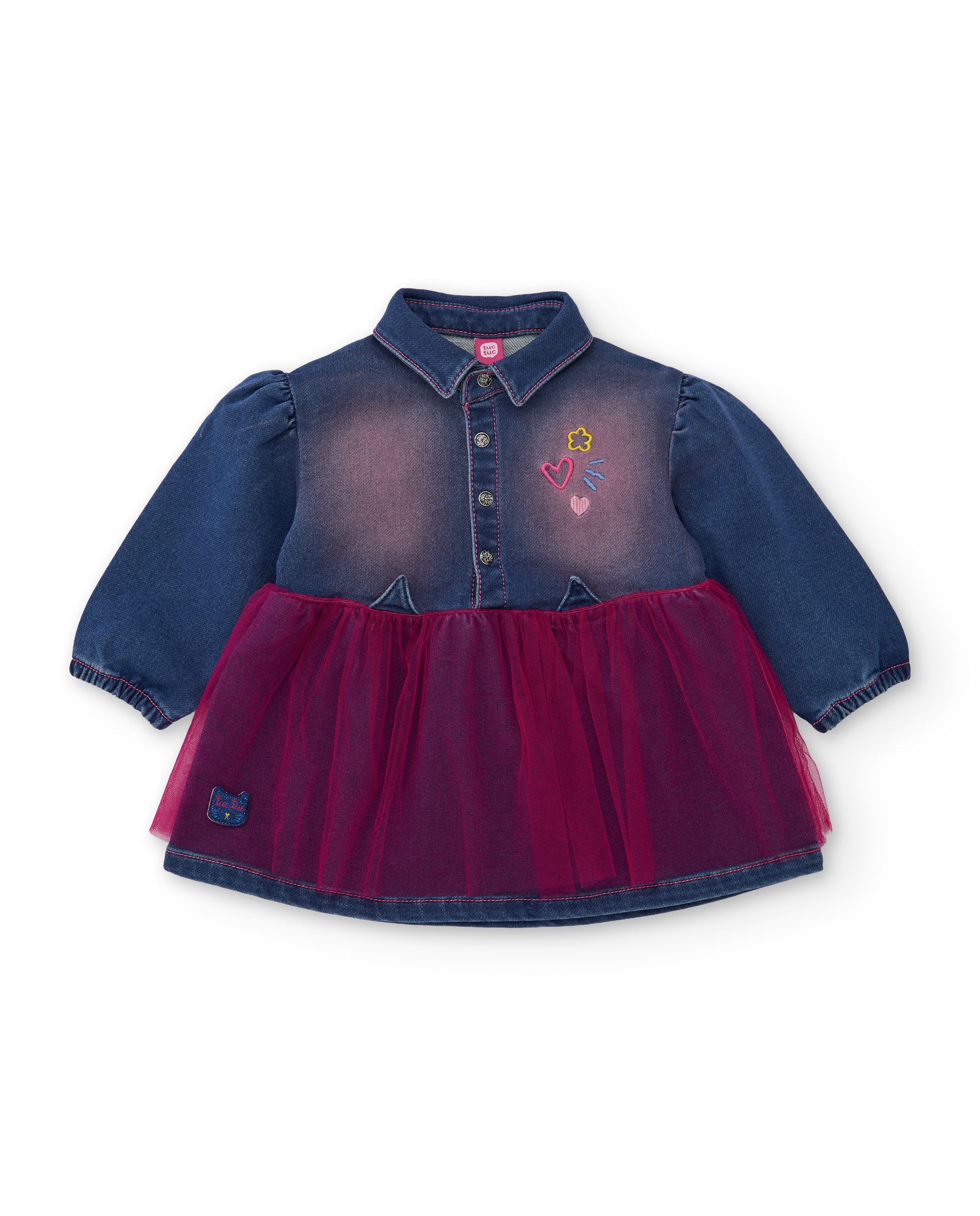 Vestido de niña de denim con falda de tul y bordado