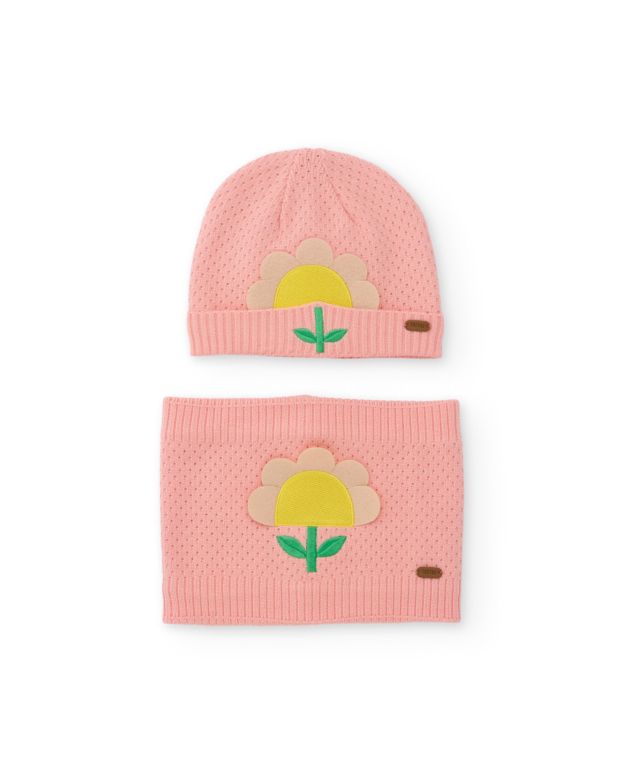 Set de niña de tricot con gorro y braga de cuello de diseño floral