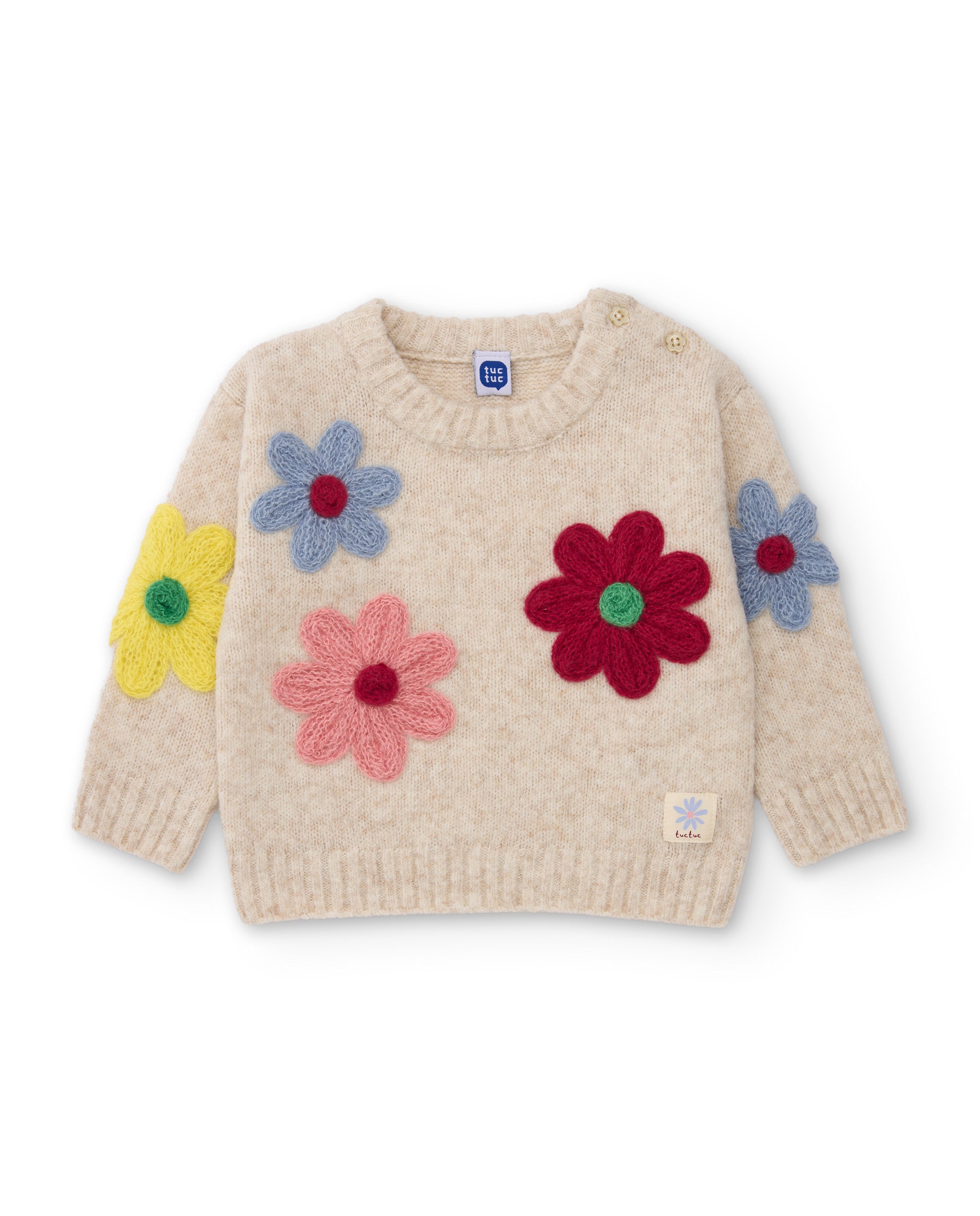 Jersey de niña de tricot con flores bordadas y tejido suave