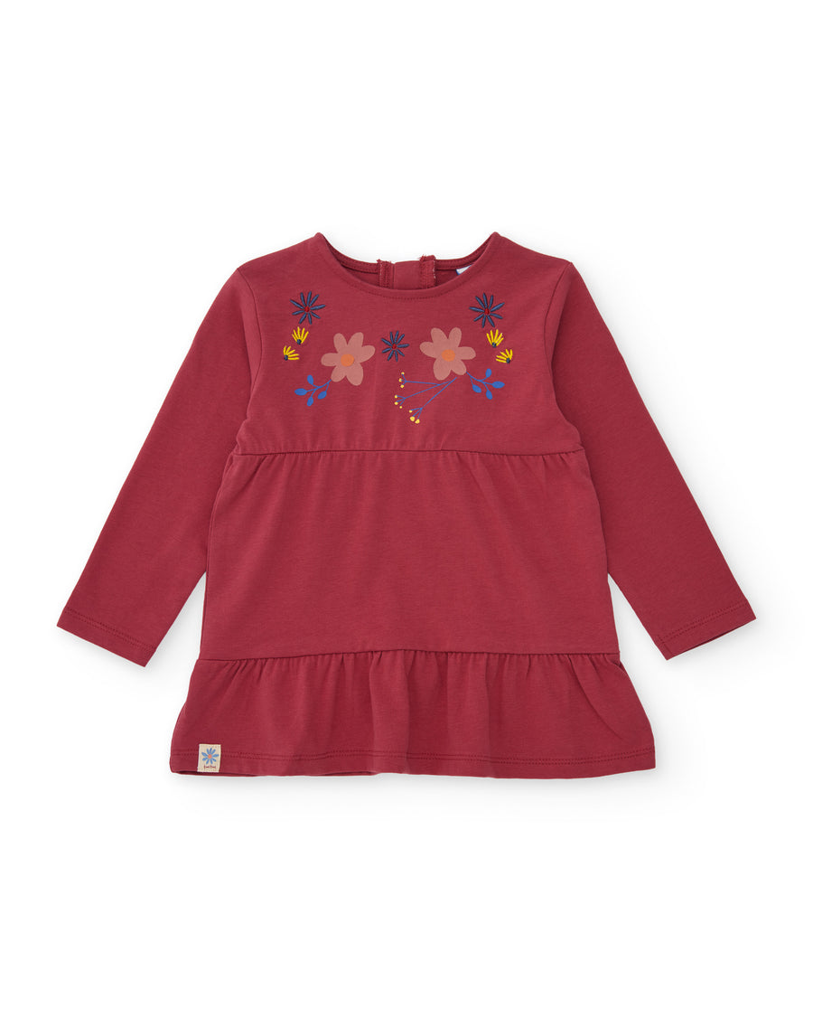 Girls’ knitted T-shirt with floral print and gathered detail