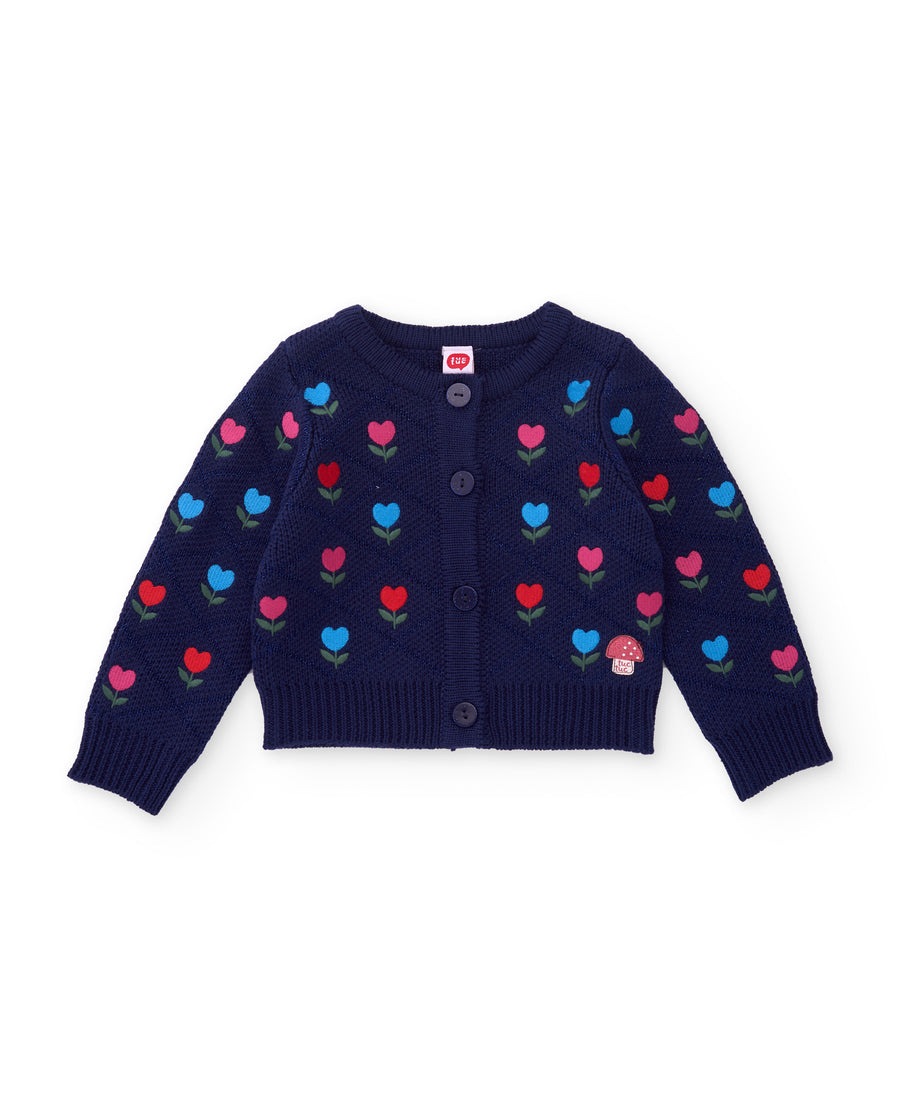 Girl's knitted jacket with floral print and buttons