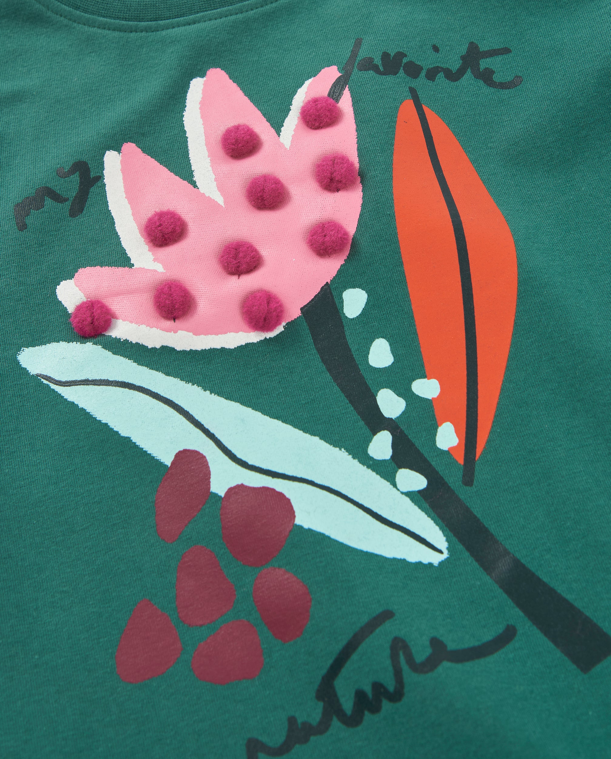 Camiseta de niña de punto con pompones en relieve y estampado floral