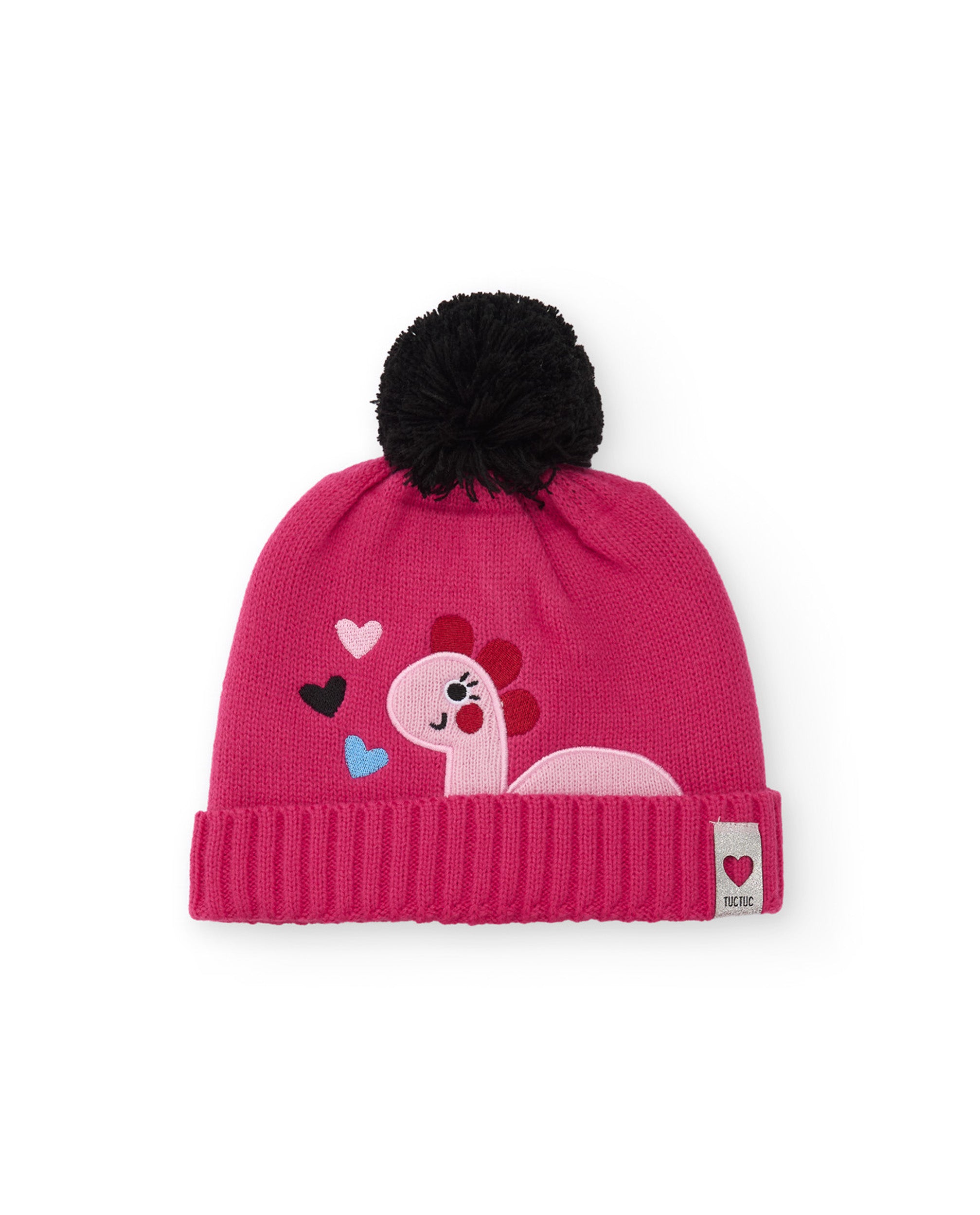 Gorro de niña de tricot con pompón y bordado de dinosaurio