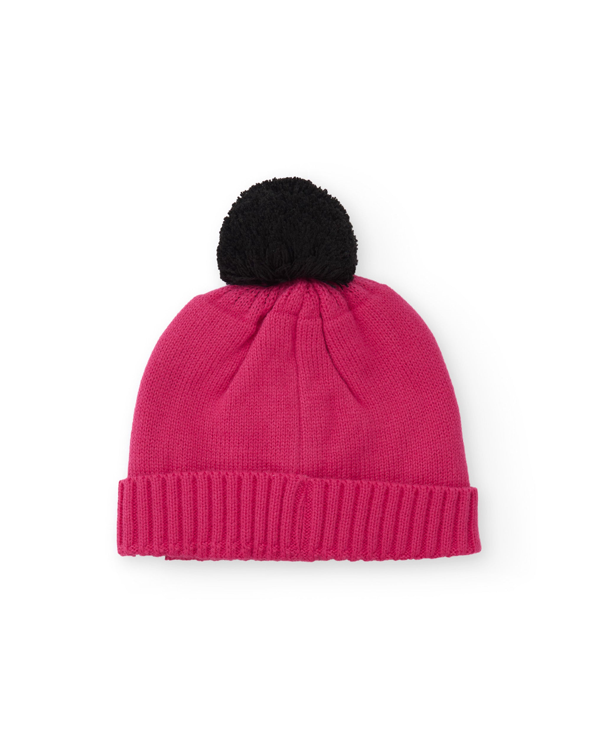 Gorro de niña de tricot con pompón y bordado de dinosaurio