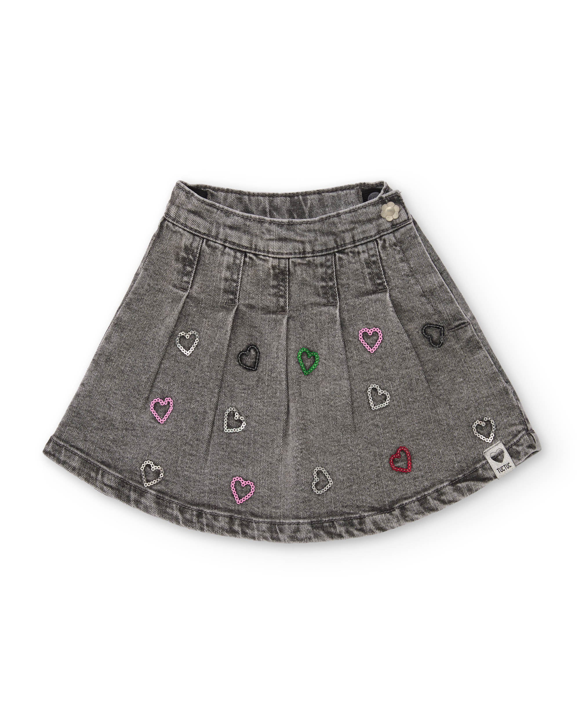 Falda de niña de denim con bordado de corazones