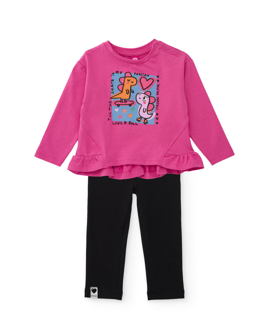Conjunto de menina em malha com T-shirt com gráfico de dinossauros e leggings a condizer