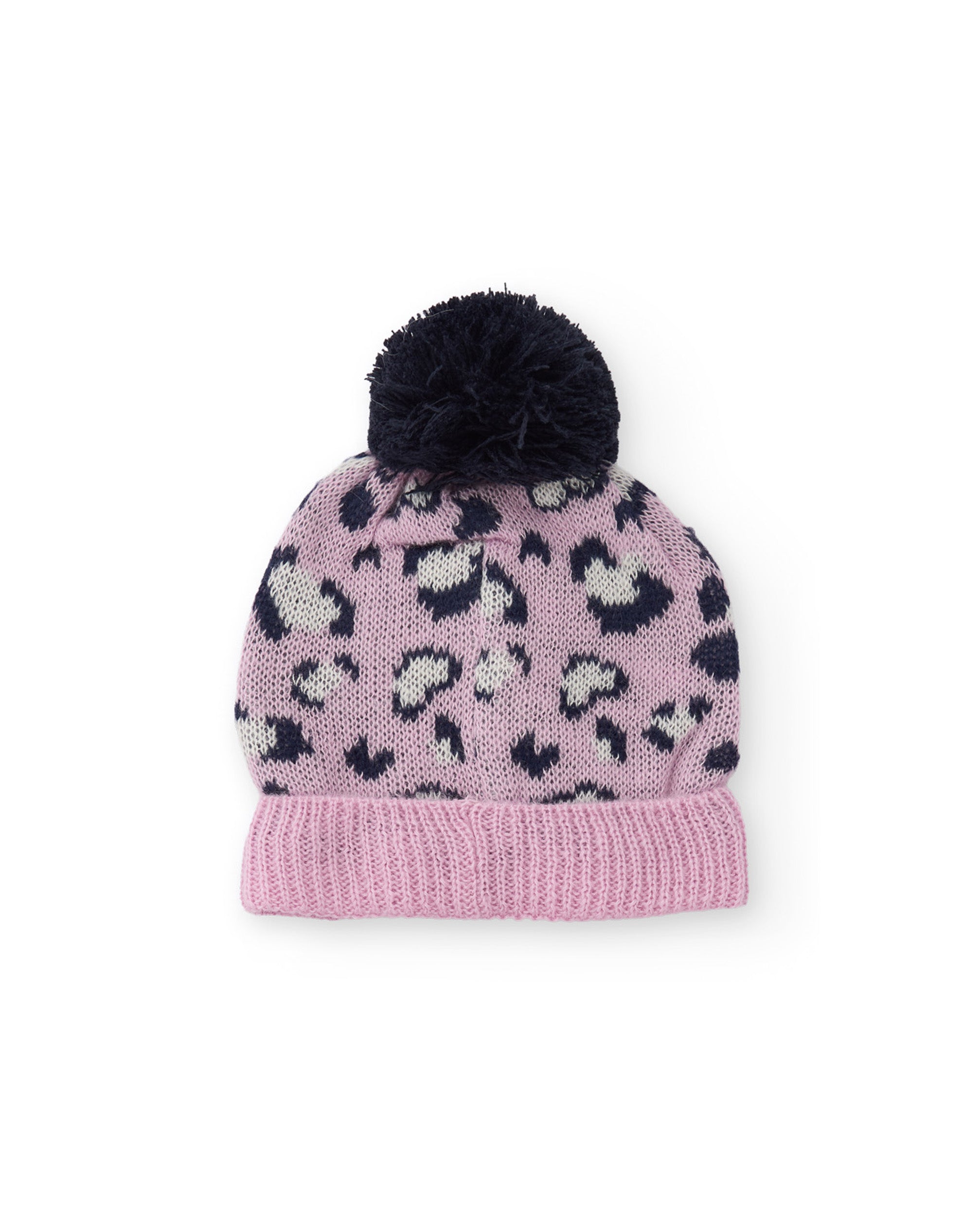 Gorro de niña de tricot con estampado animal print y pompón