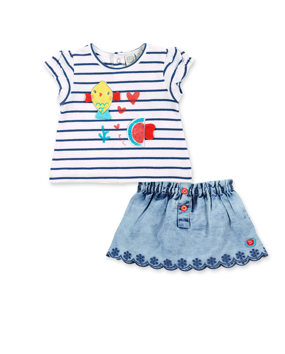 Conjunto punto denim blanco niña Frutti