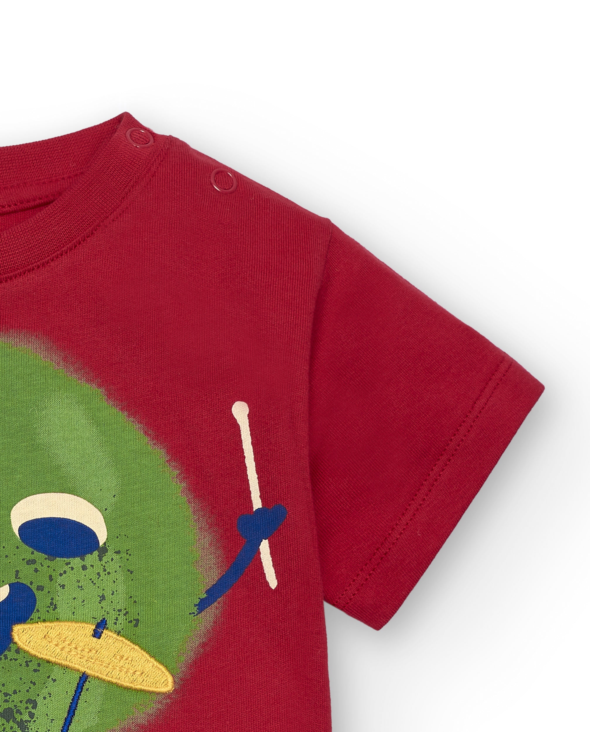 Camiseta de niño en rojo con estampado de fruta y batería