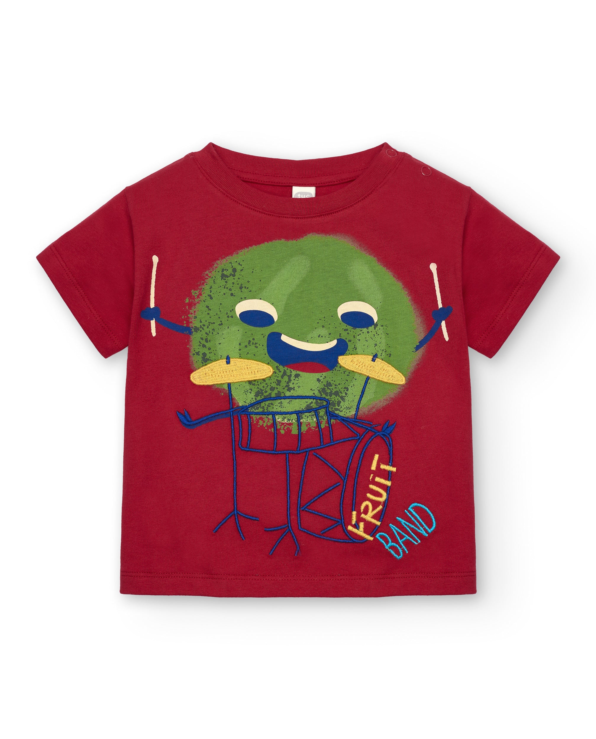 Camiseta de niño en rojo con estampado de fruta y batería
