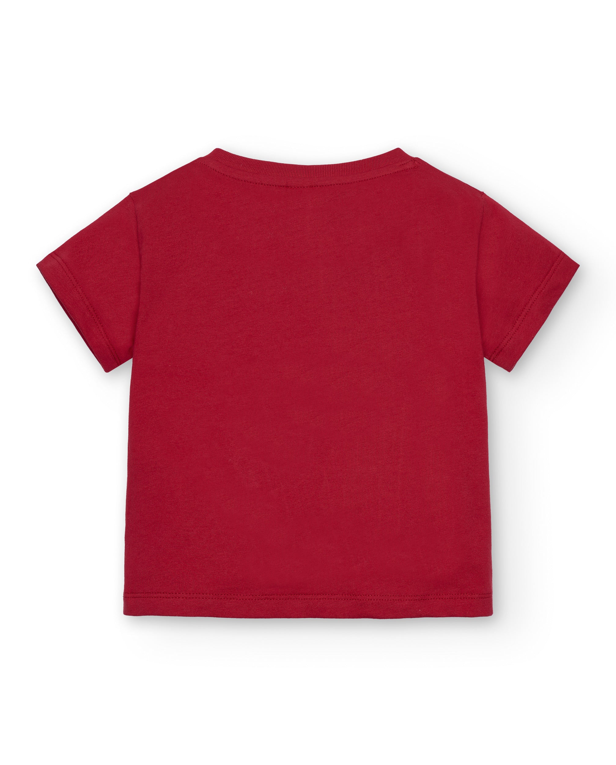 Camiseta de niño en rojo con estampado de fruta y batería
