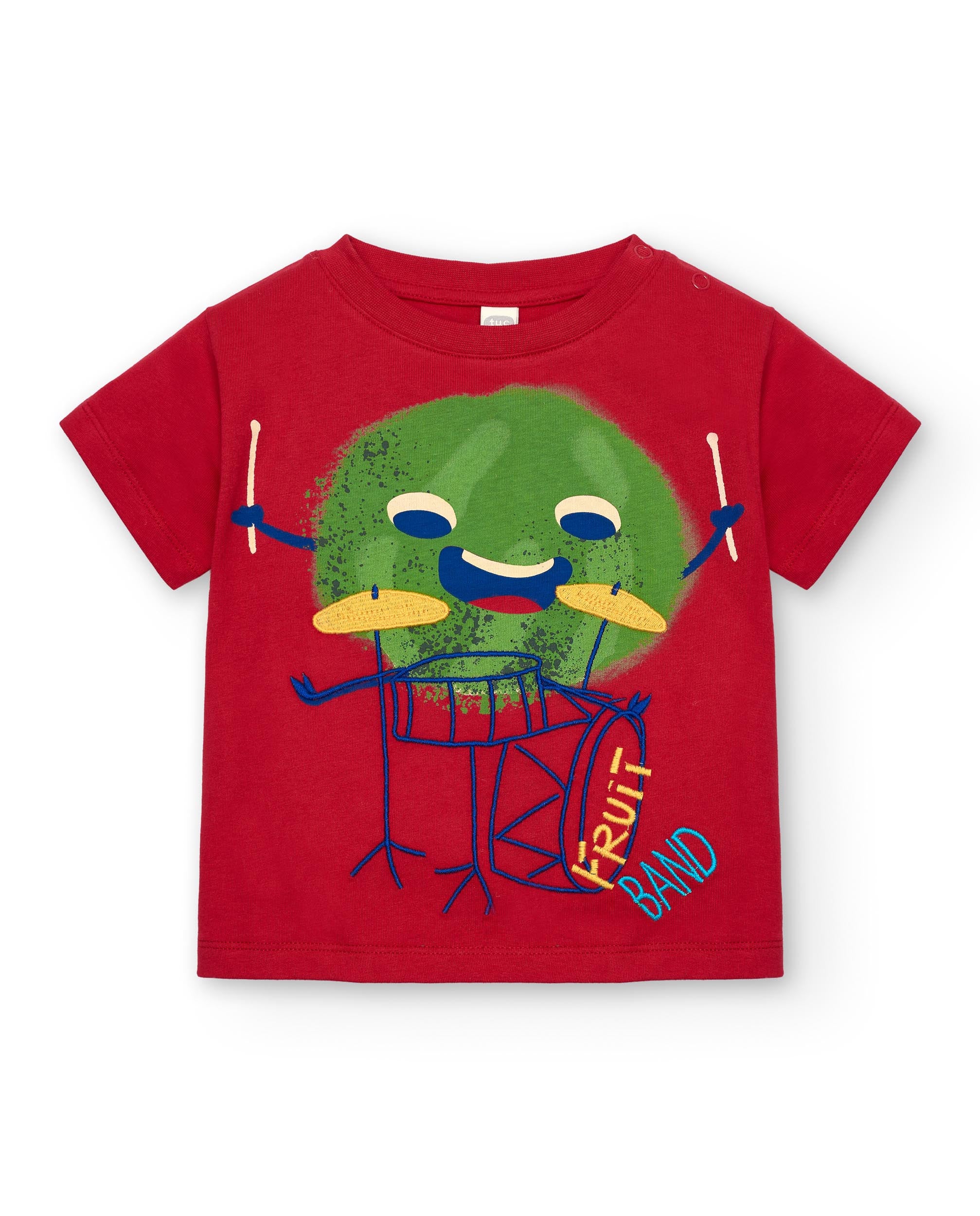 Camiseta de niño en rojo con estampado de fruta y batería