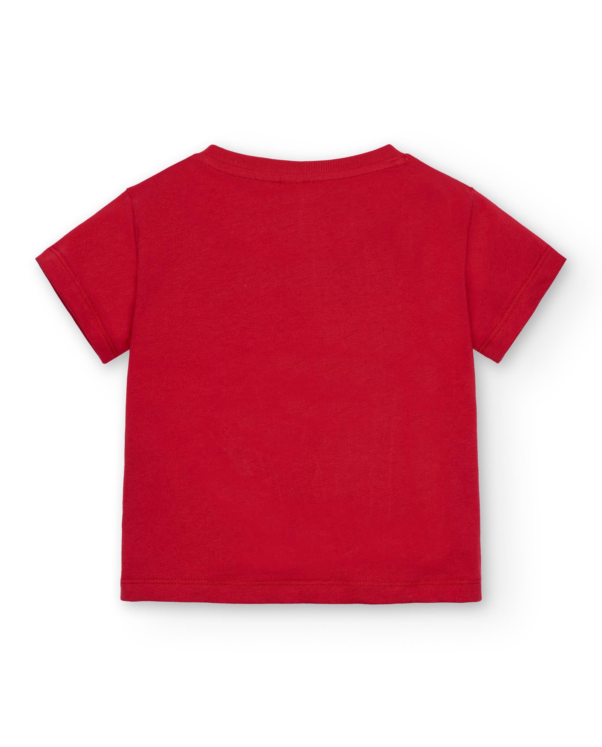 Camiseta de niño en rojo con estampado de fruta y batería