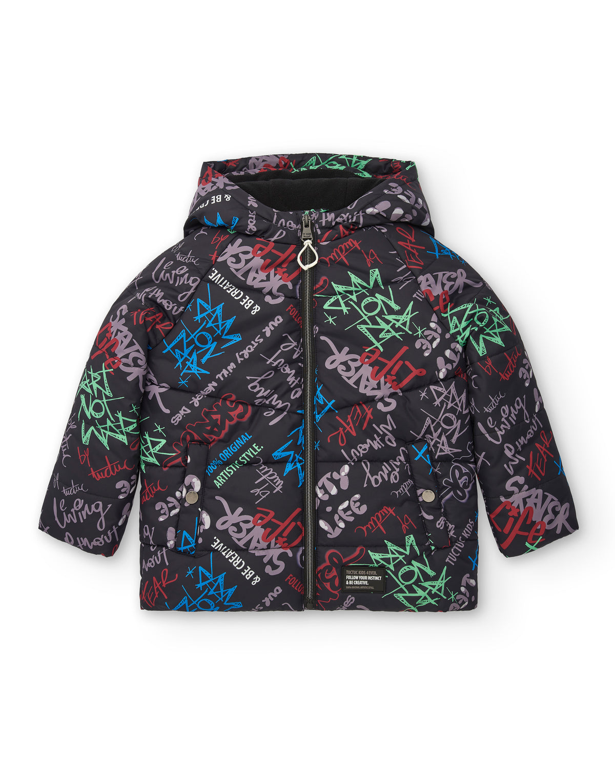 Chaqueta acolchada para niño en negro con estampado gráfico