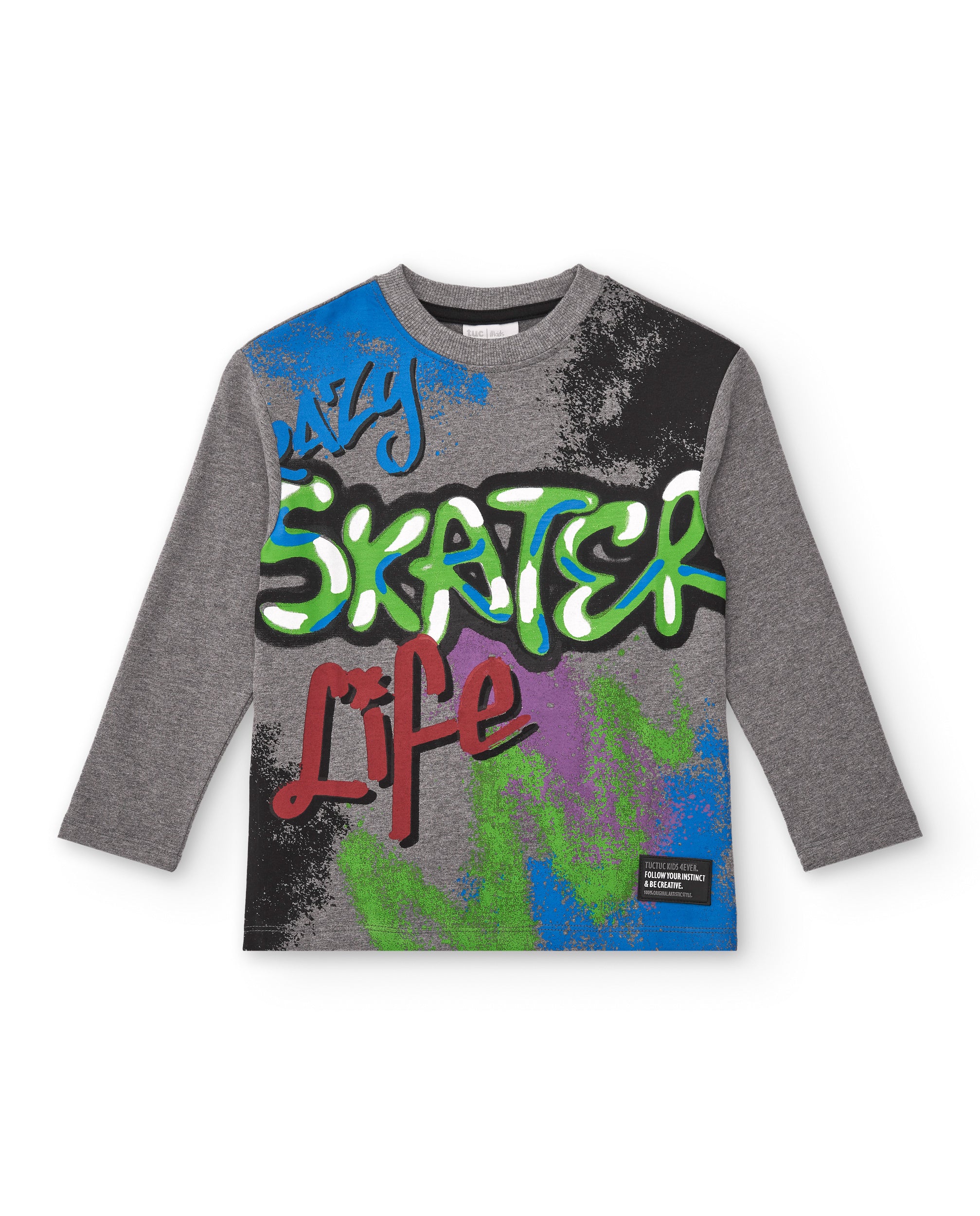 Camiseta de manga larga para niño en gris con estampado skater