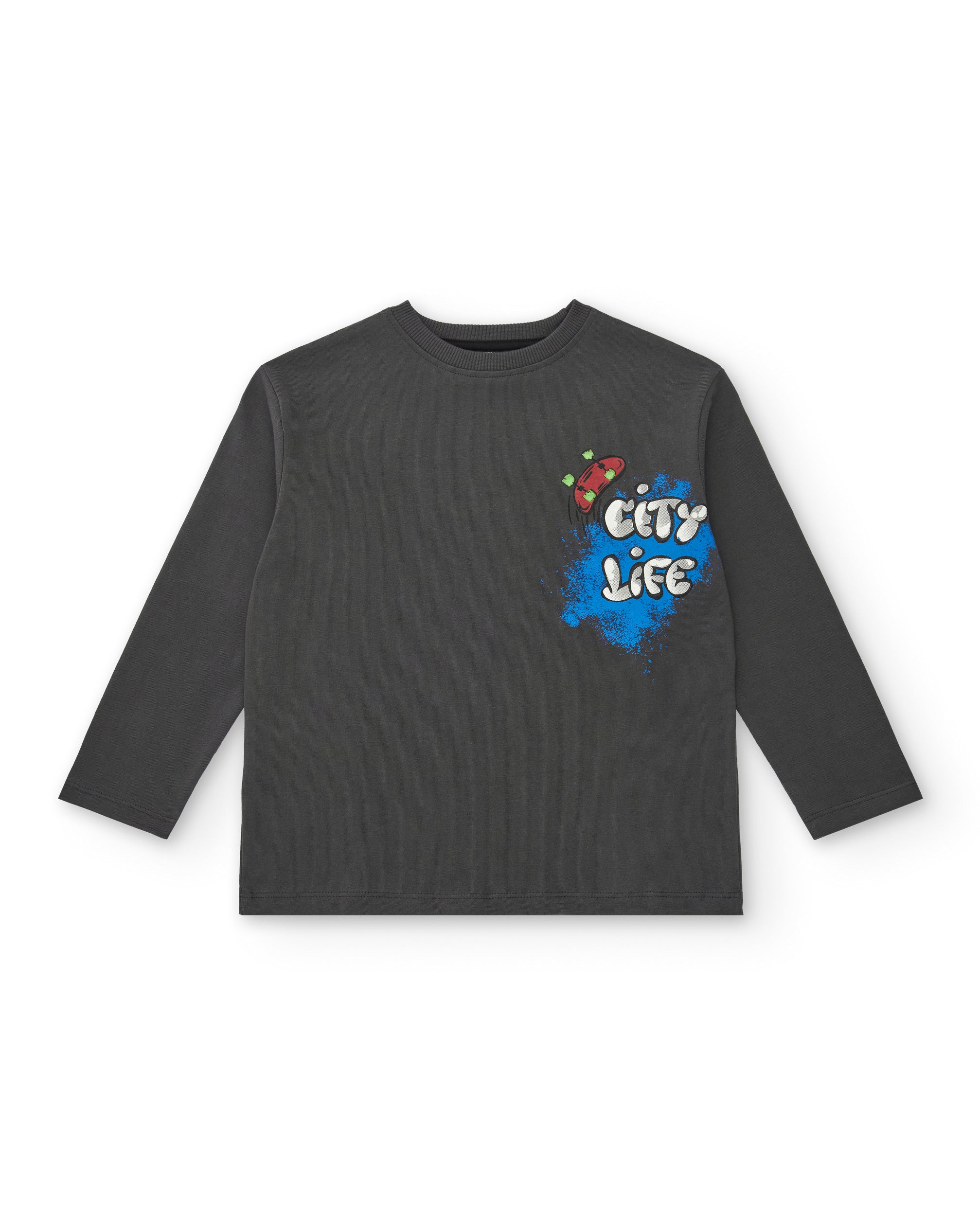 Camiseta de manga larga para niño en gris oscuro con estampado