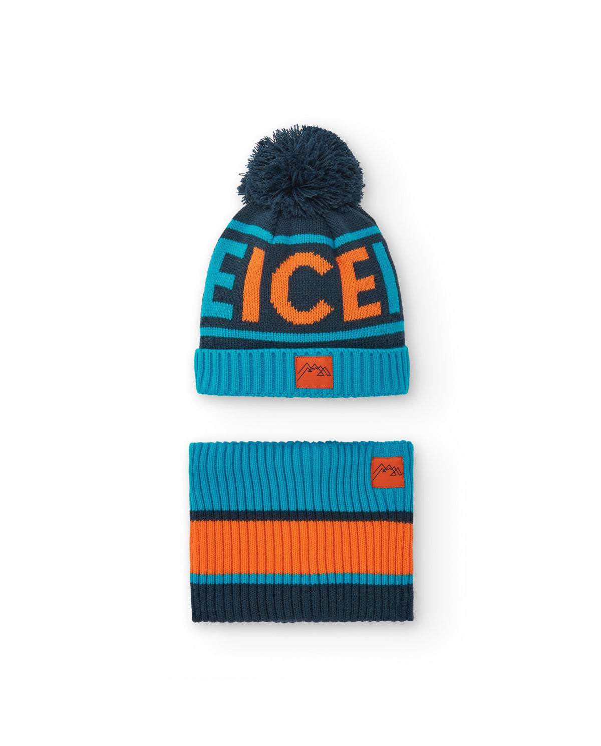 Conjunto de gorro y braga para niño en azul y naranja colección
