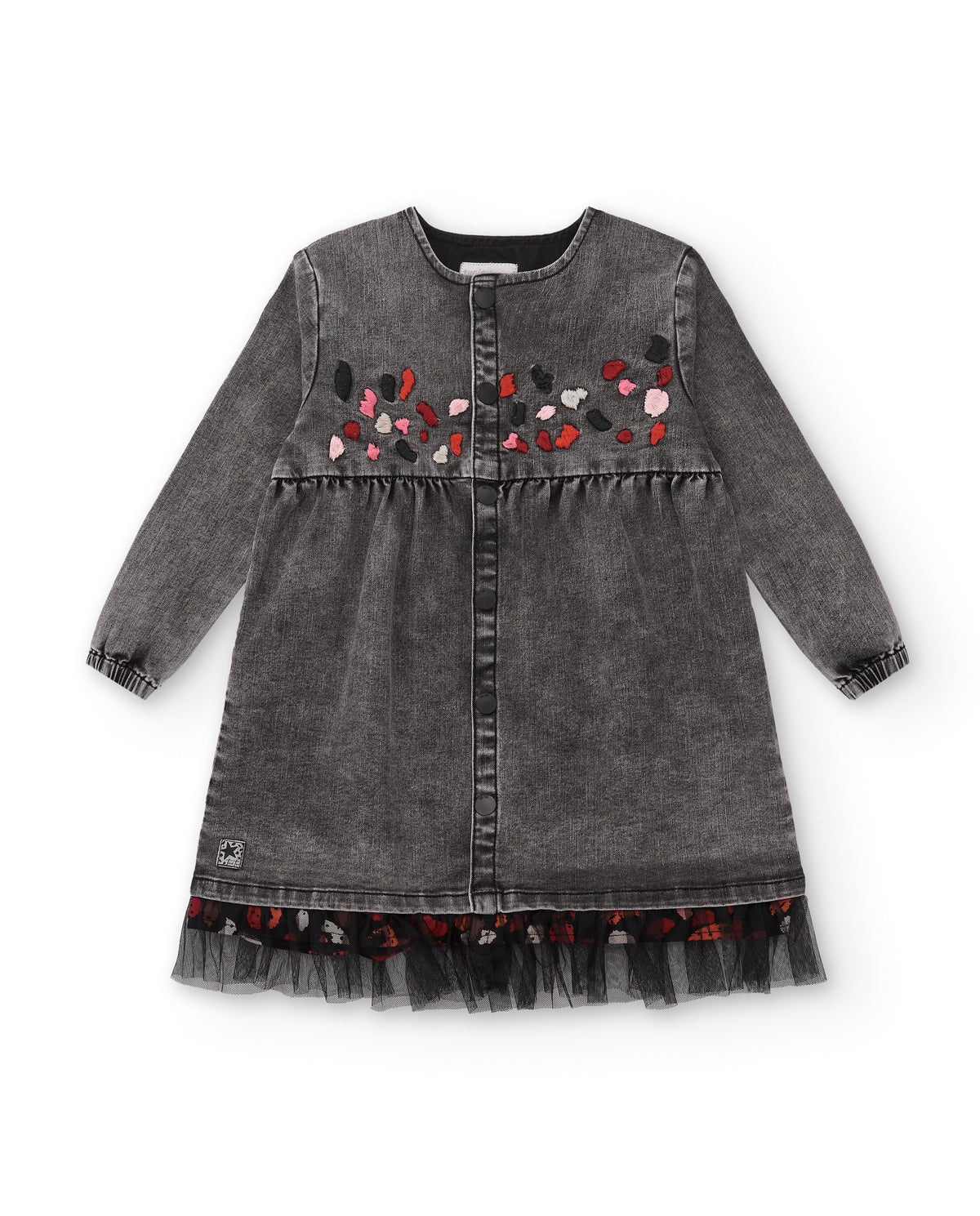 Vestido gris denim con detalles bordados para niña colección