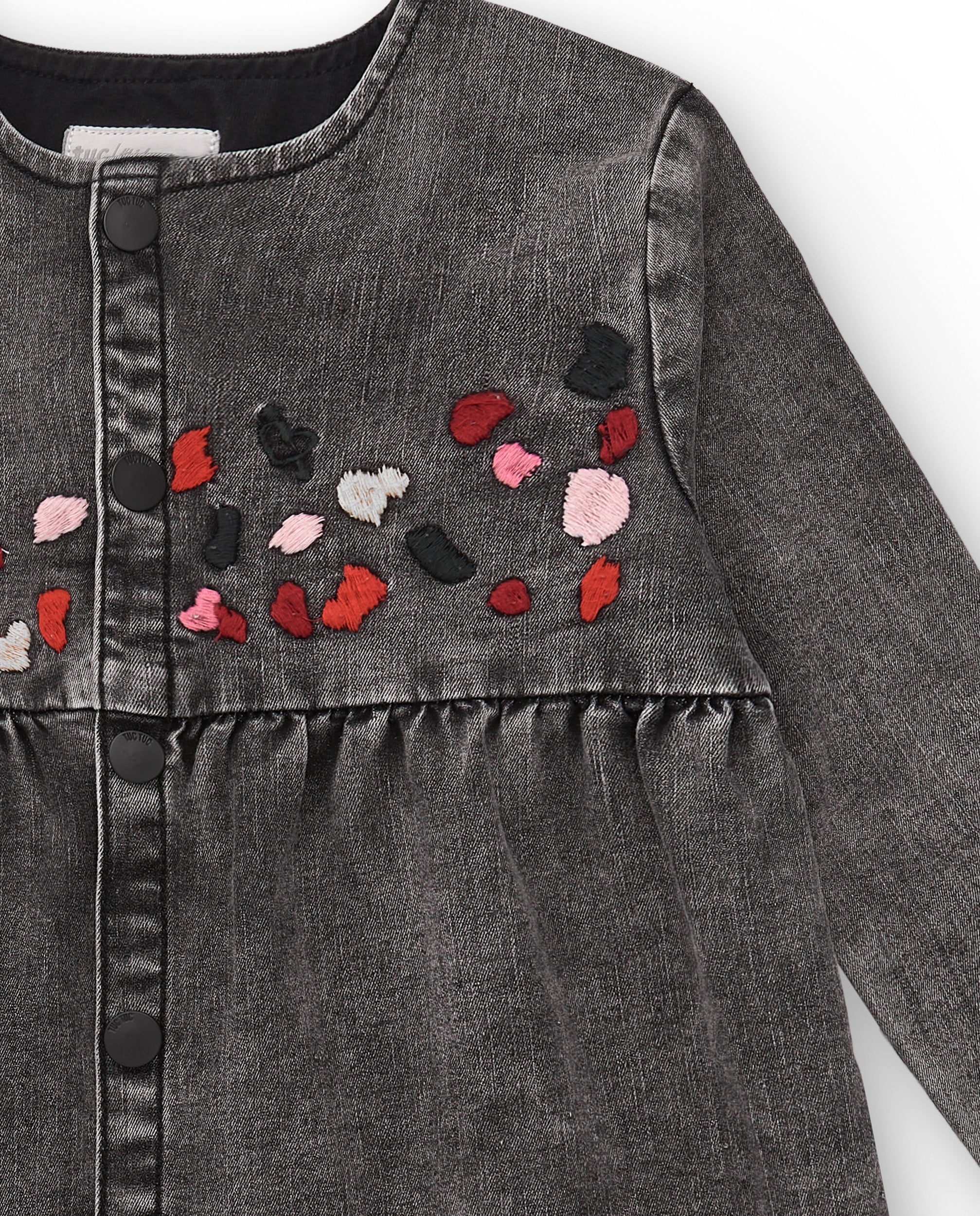 Vestido gris denim con detalles bordados para niña colección