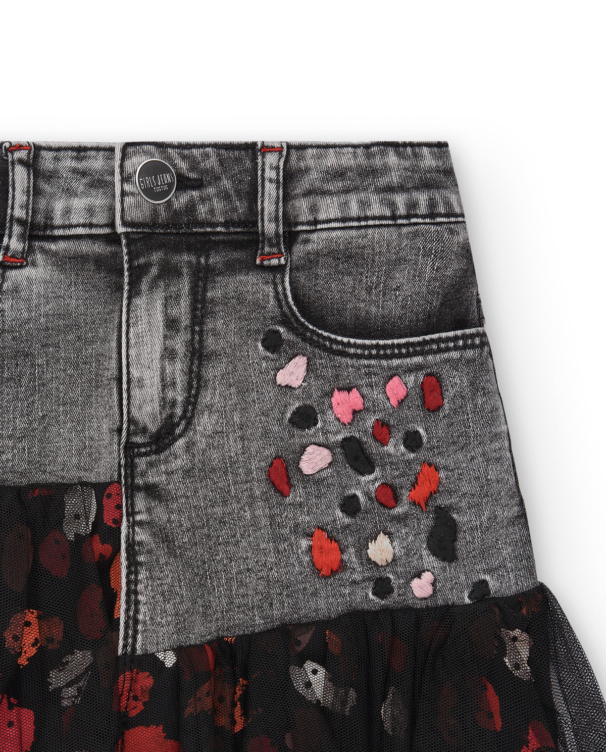 Falda gris denim con bordado floral y detalles de tul para niña