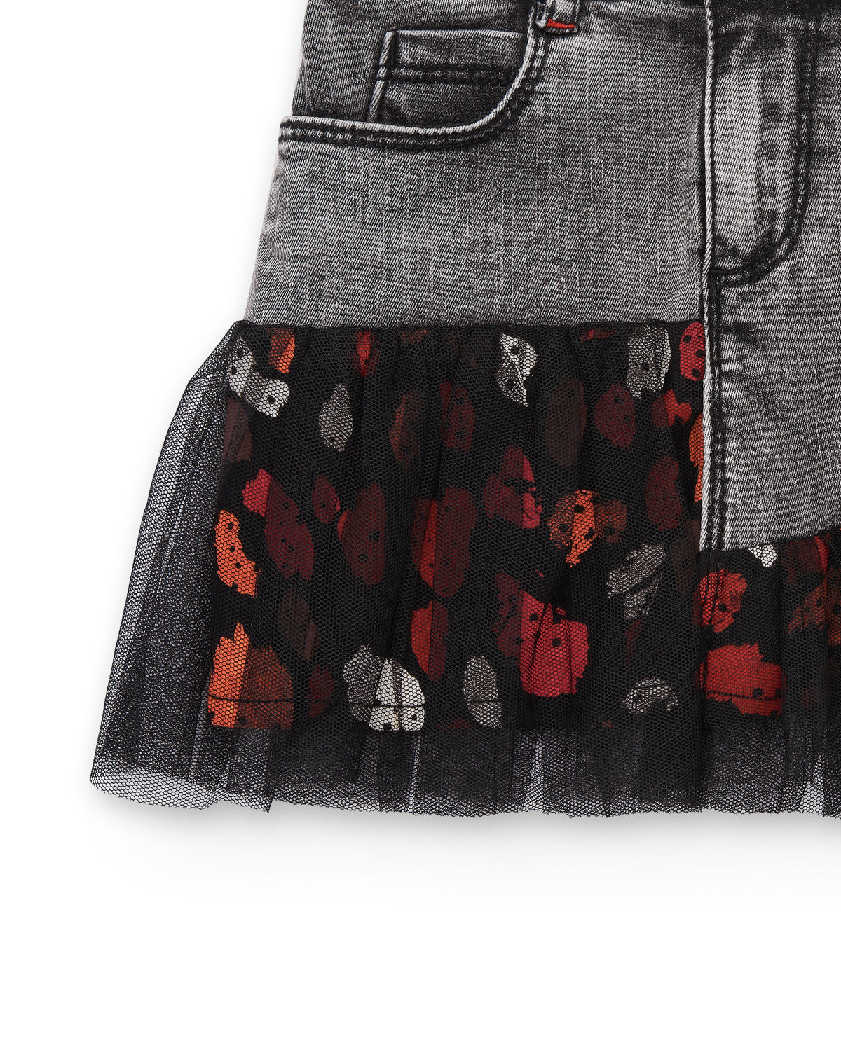 Falda gris denim con bordado floral y detalles de tul para niña