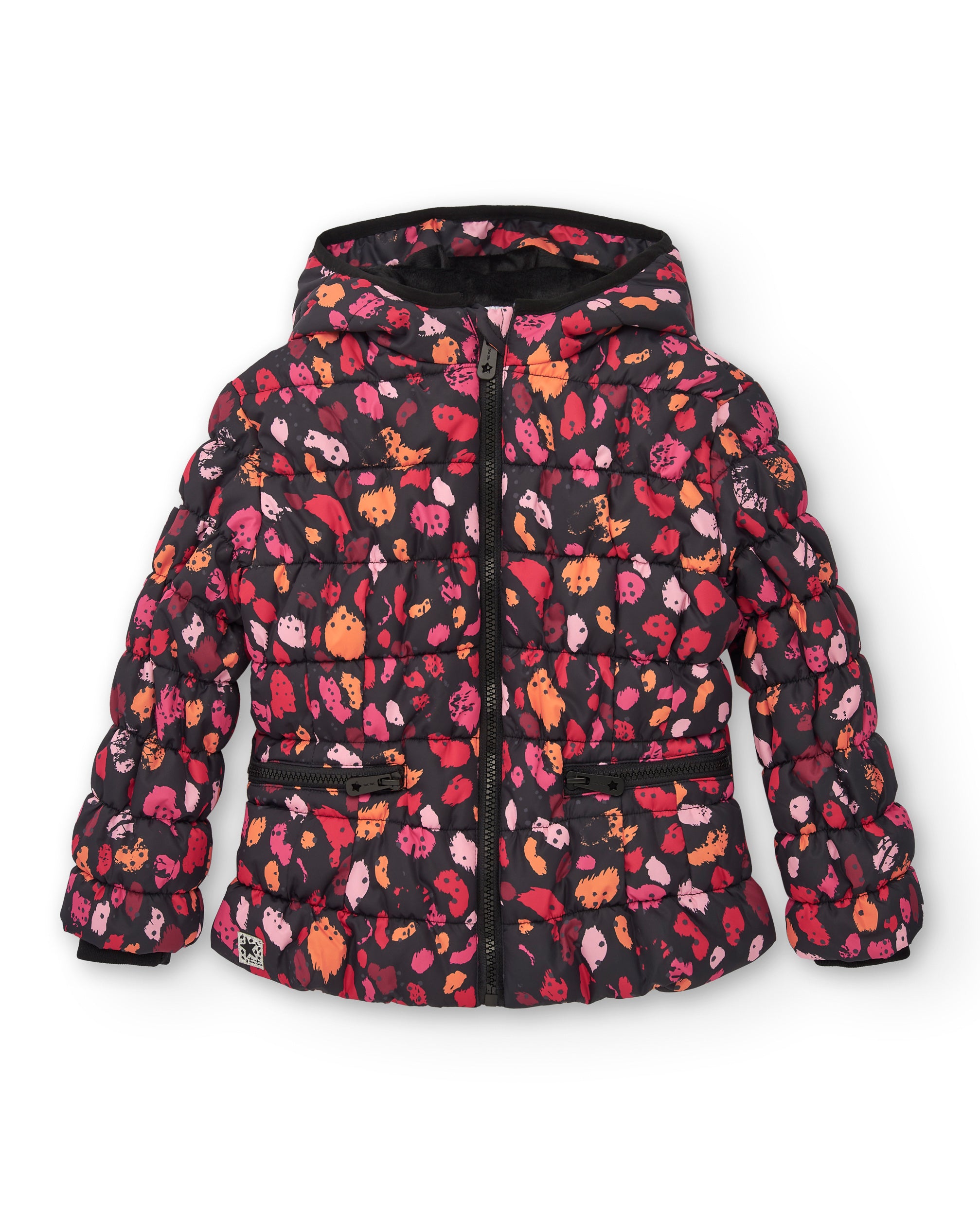Abrigo acolchado negro con estampado floral para niña colección