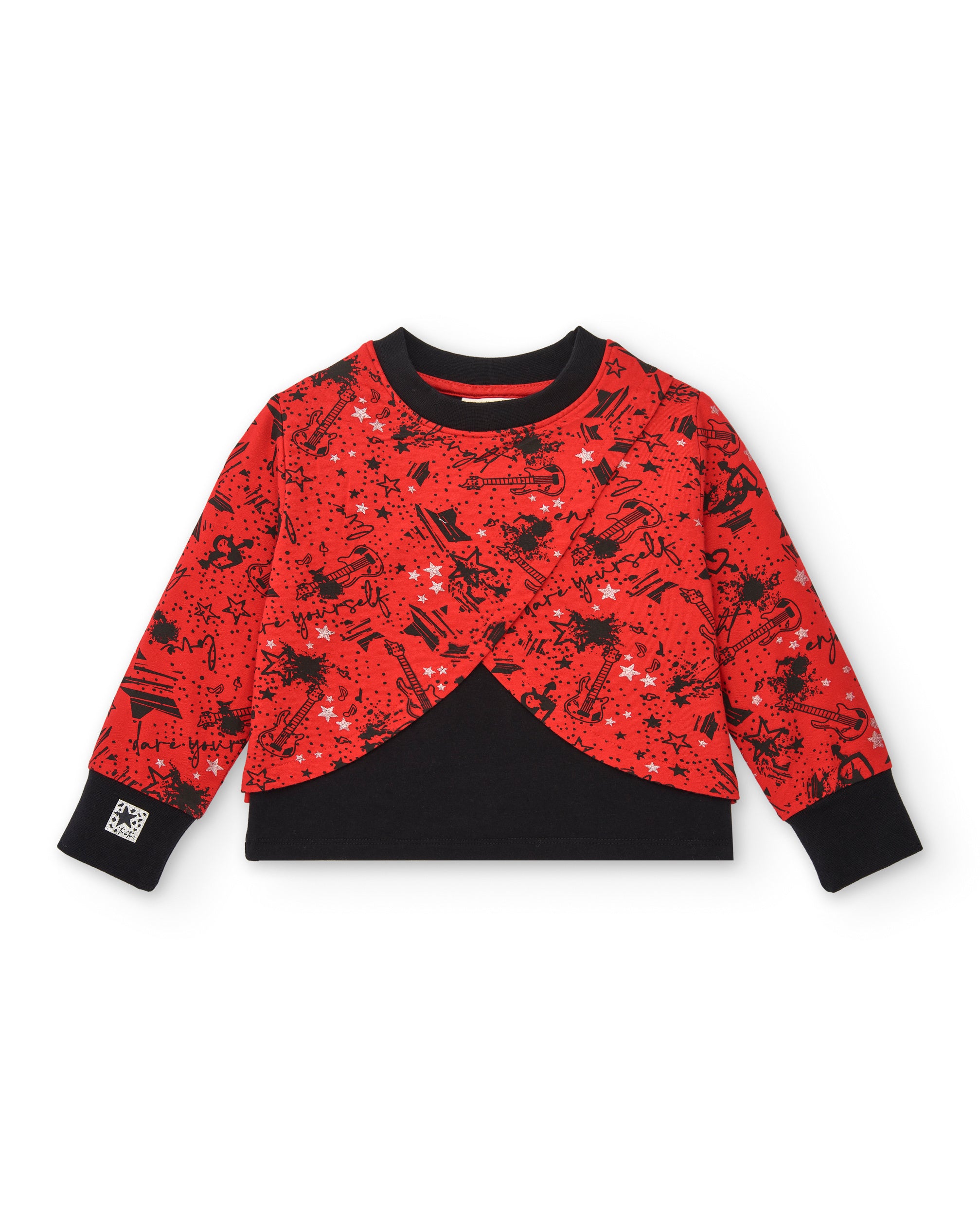 Camiseta roja con estampado musical y detalles negros para niña