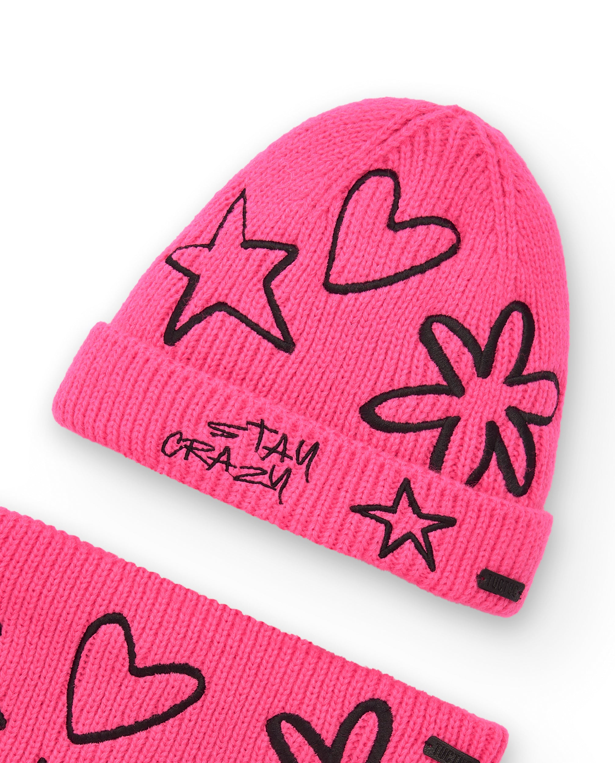 Conjunto de gorro y bufanda fucsia con estampado de estrellas y