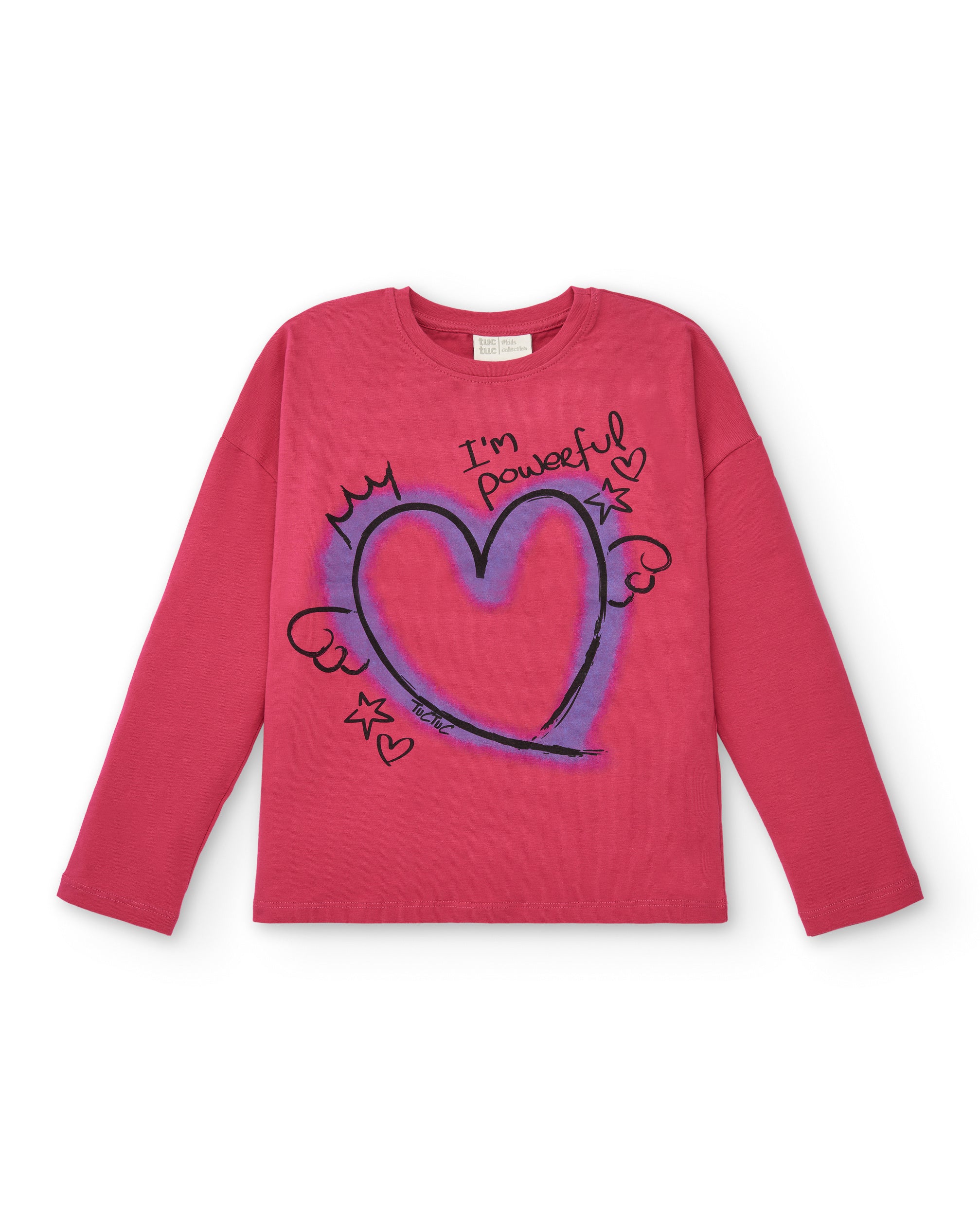 Camiseta manga larga rosa con estampado de corazón para niña
