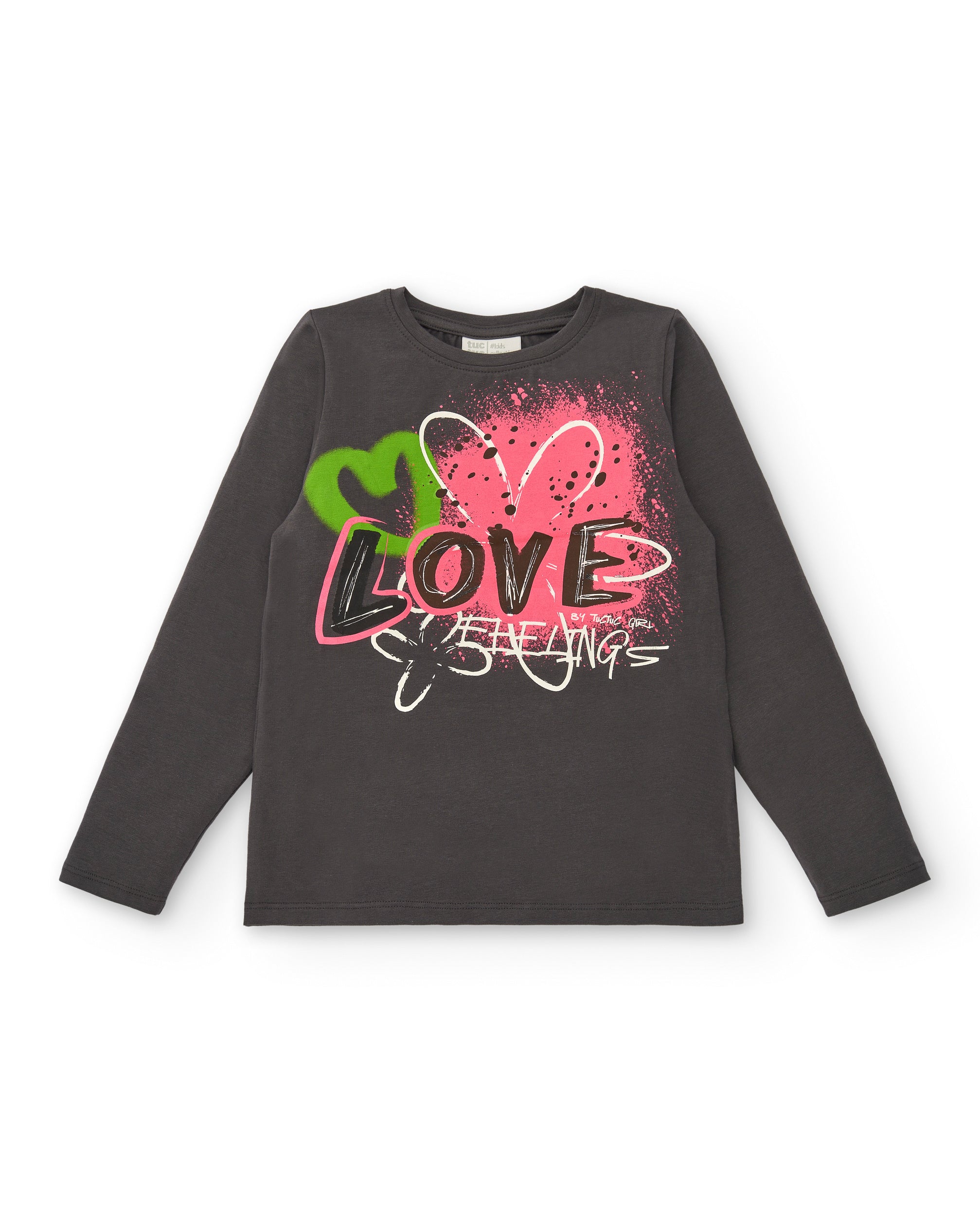 Camiseta gris oscuro con estampado "Love Feelings" para niña